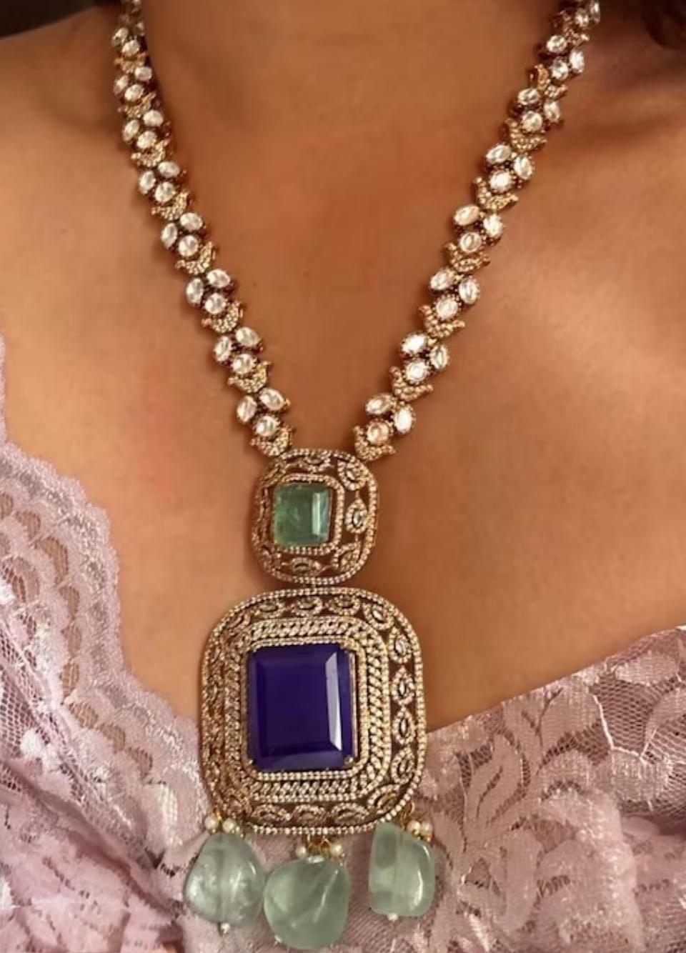 Royal Sabyasachi Inspired Purple Mint Turqoise Pendant Necklace With Earrings,Indian Pakistani Punjabi Wedding Jewelry Set/Statement Set