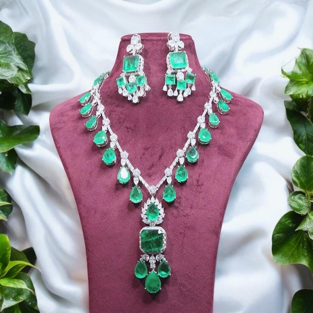 Nita Ambani inspired highest quality Emerald Green doublet premium AAA CZ stones Necklace With Statement Earrings,Celebrity set,Diamond set