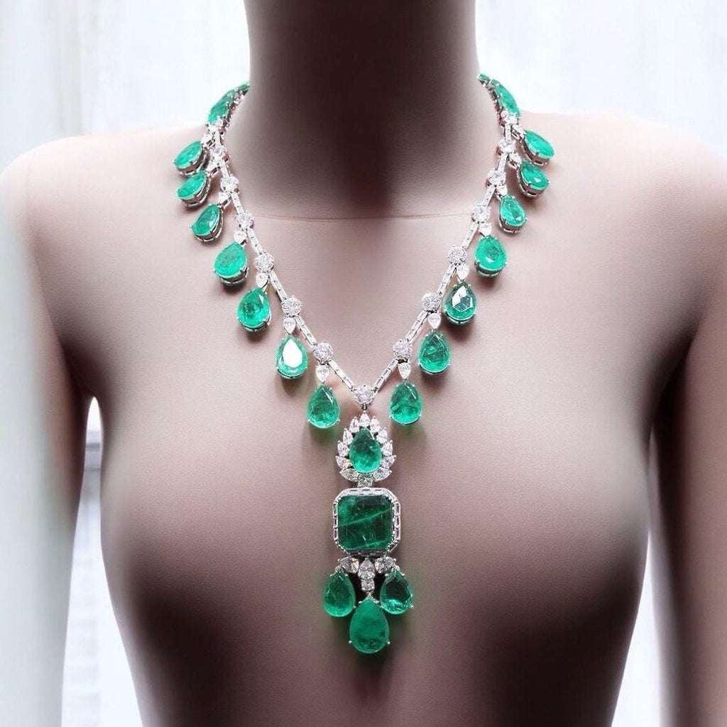 Nita Ambani inspired highest quality Emerald Green doublet premium AAA CZ stones Necklace With Statement Earrings,Celebrity set,Diamond set