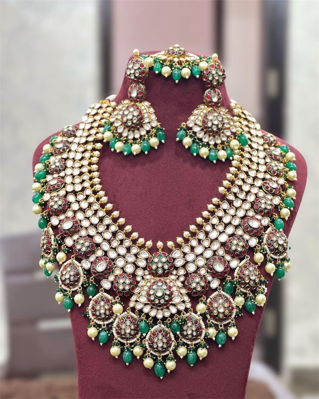 Shloka Ambani inspired uncut Kundan Polki Emerald Green Ruby Long Necklace with Earrings and tika,Sabyasachi Inspired/Statement necklace