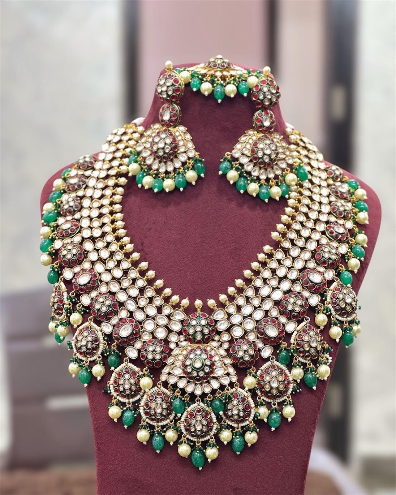 Shloka Ambani inspired uncut Kundan Polki Emerald Green Ruby Long Necklace with Earrings and tika,Sabyasachi Inspired/Statement necklace
