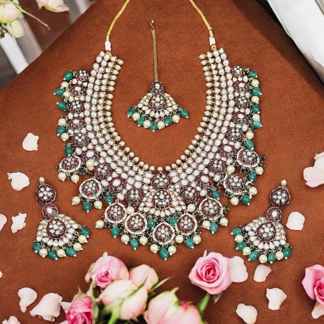 Shloka Ambani inspired uncut Kundan Polki Emerald Green Ruby Long Necklace with Earrings and tika,Sabyasachi Inspired/Statement necklace