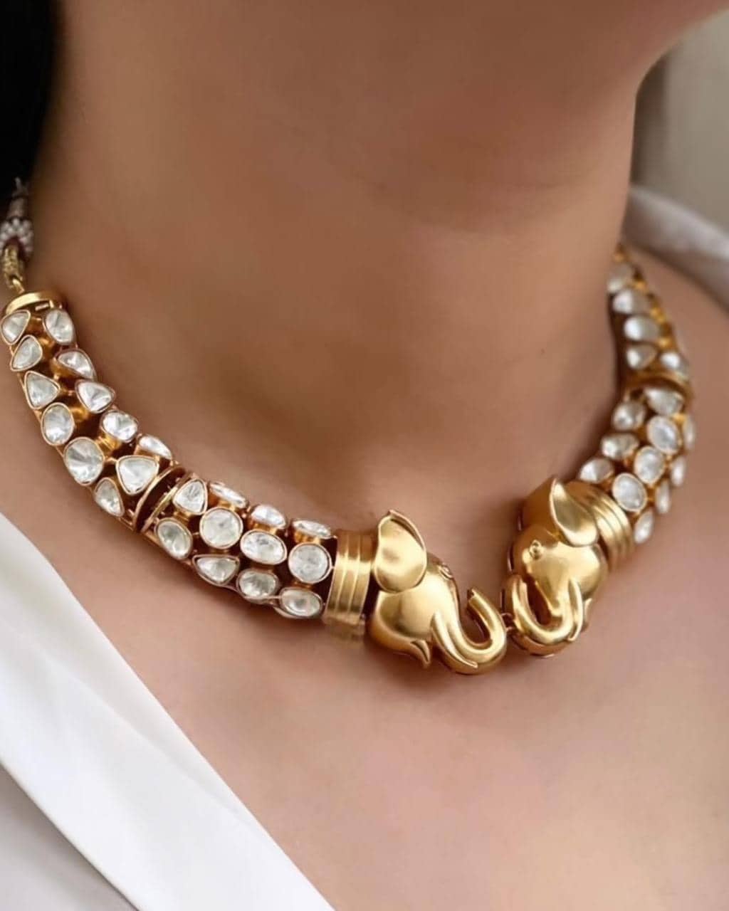 Sabyasachi inspired Gold Moissanite Hasli Elephant Necklace with Earrings/Statement Jewelry/Elegant Jewelry/Kundan set/Bollywood/celebrity