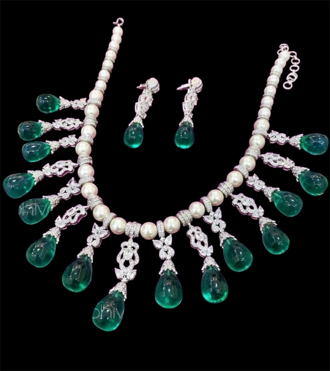 Deepika Padukone inspired highest quality pearls Emerald Green doublet premium AAA CZ stones Necklace With Statement Earrings,Celebrity set