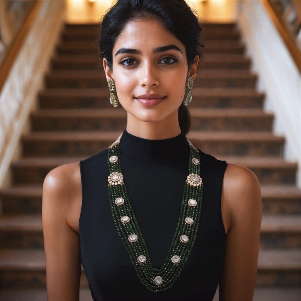 Moissanite Polki layered real Onyx beads Necklace with earrings,Mala set,Indian jewelry,Wedding jewelry,Statement necklace,Sabyasachi set