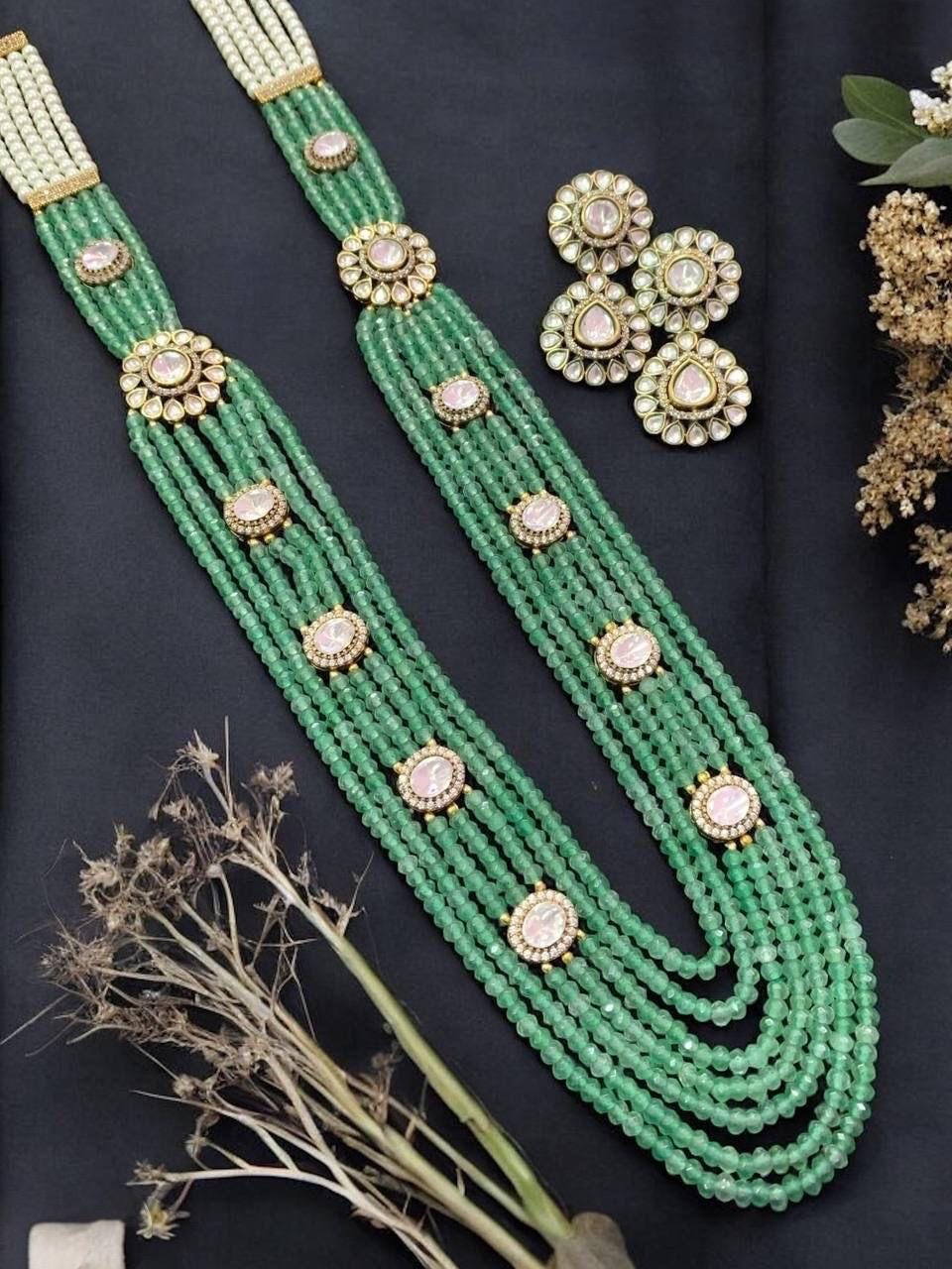 Moissanite Polki layered real Onyx beads Necklace with earrings,Mala set,Indian jewelry,Wedding jewelry,Statement necklace,Sabyasachi set