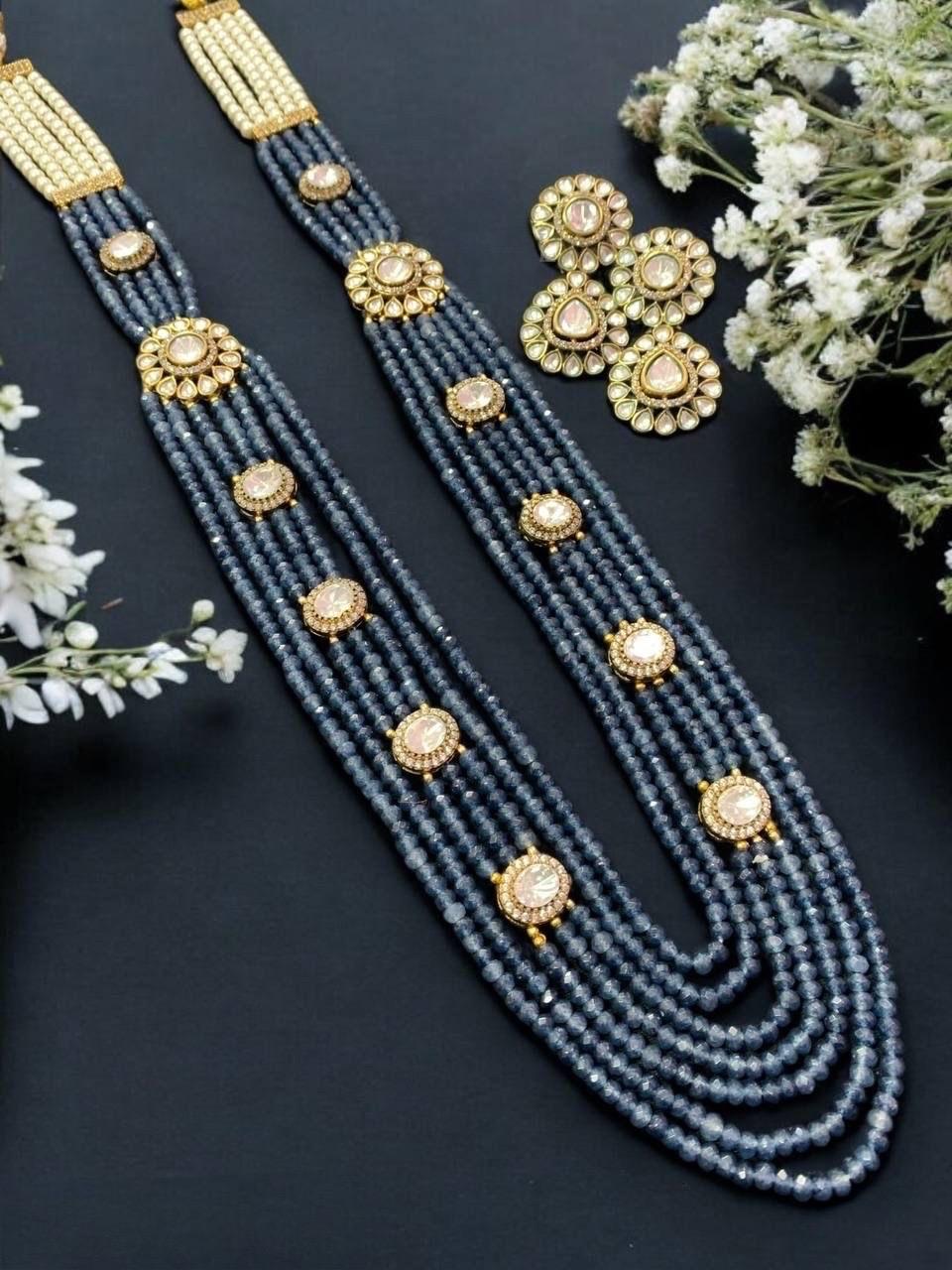 Moissanite Polki layered real Onyx beads Necklace with earrings,Mala set,Indian jewelry,Wedding jewelry,Statement necklace,Sabyasachi set
