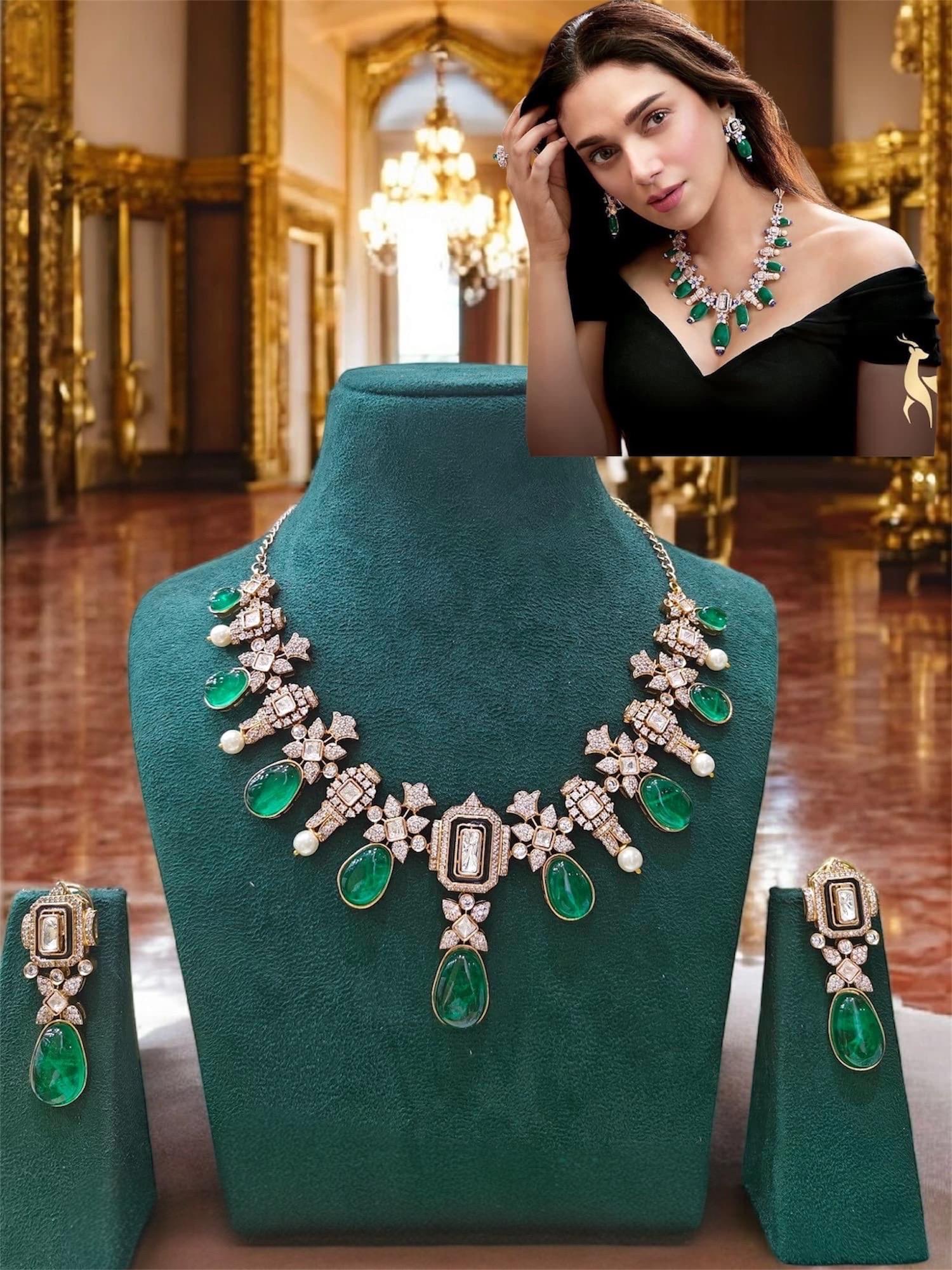 Aditi Rao Hydari inspired Moissanite Polki Emerald green doublets necklace set with statement earrings/Statement necklace/bollywood jewelry