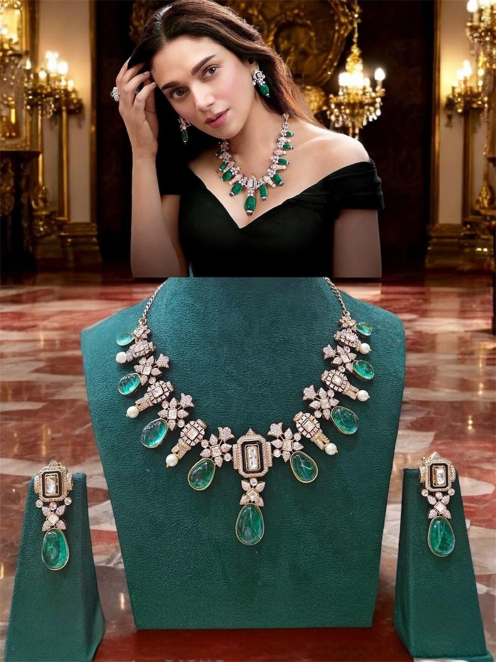 Aditi Rao Hydari inspired Moissanite Polki Emerald green doublets necklace set with statement earrings/Statement necklace/bollywood jewelry