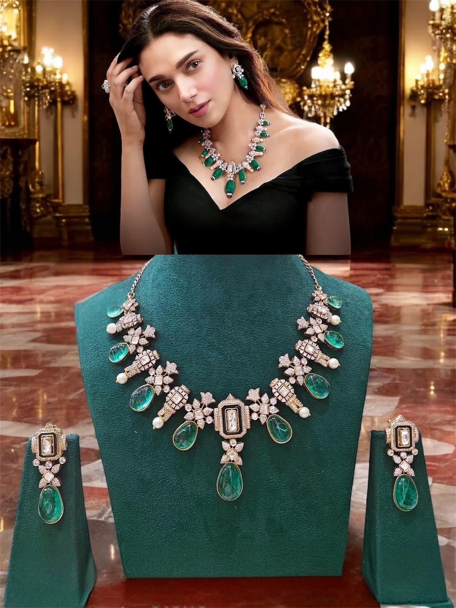 Aditi Rao Hydari inspired Moissanite Polki Emerald green doublets necklace set with statement earrings/Statement necklace/bollywood jewelry