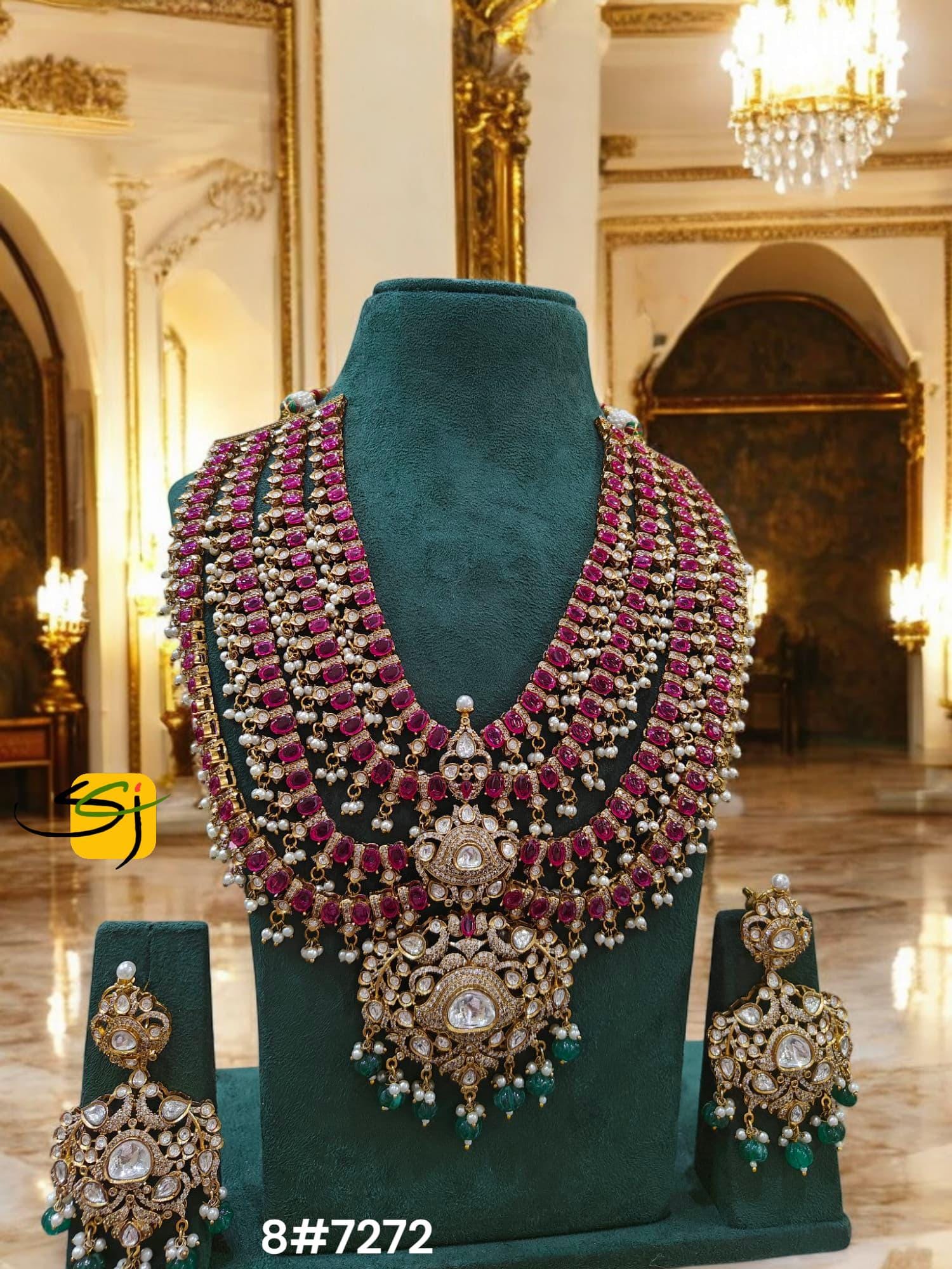 Sabyasachi inspired real mossanite grand 4 layer raanihar with earrings/ grand polki long necklace set