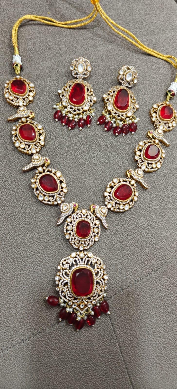 Emerald green Victorian doublets statement long necklace set with earrings/ Victorian necklace set/ sabyasachi jewelry