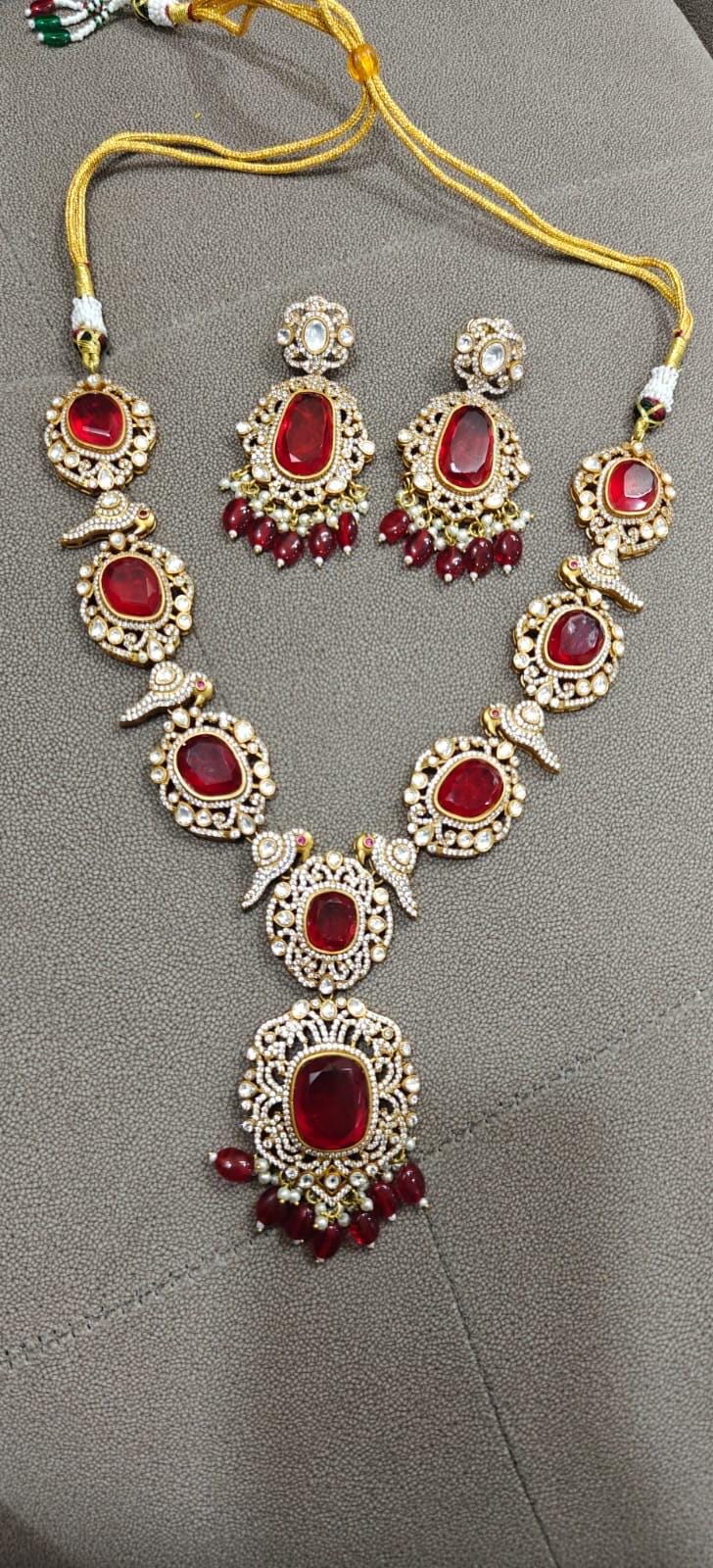 Emerald green Victorian doublets statement long necklace set with earrings/ Victorian necklace set/ sabyasachi jewelry