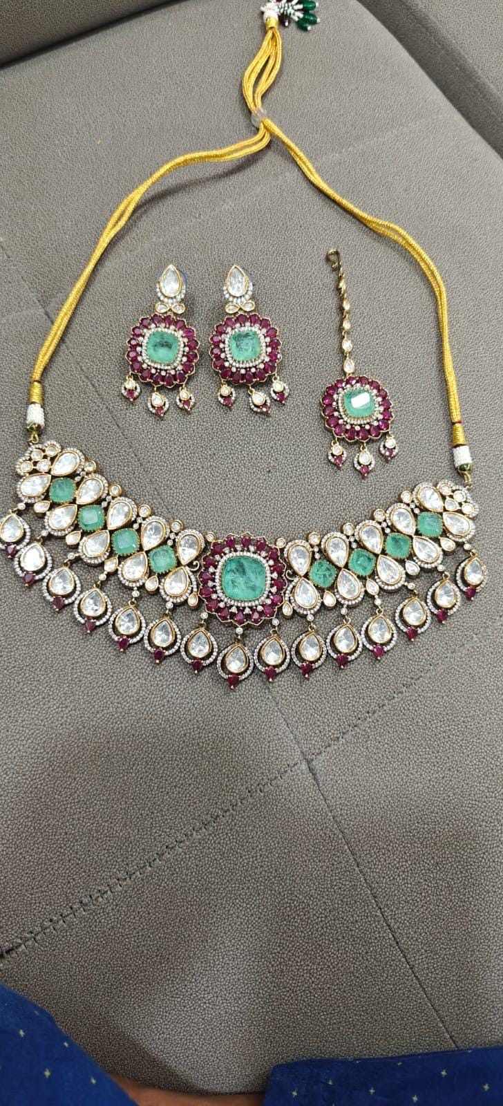 Tyaani inspired jewellery polki mossanite necklace ruby pink emralad jewellery choker necklace with earrings set
