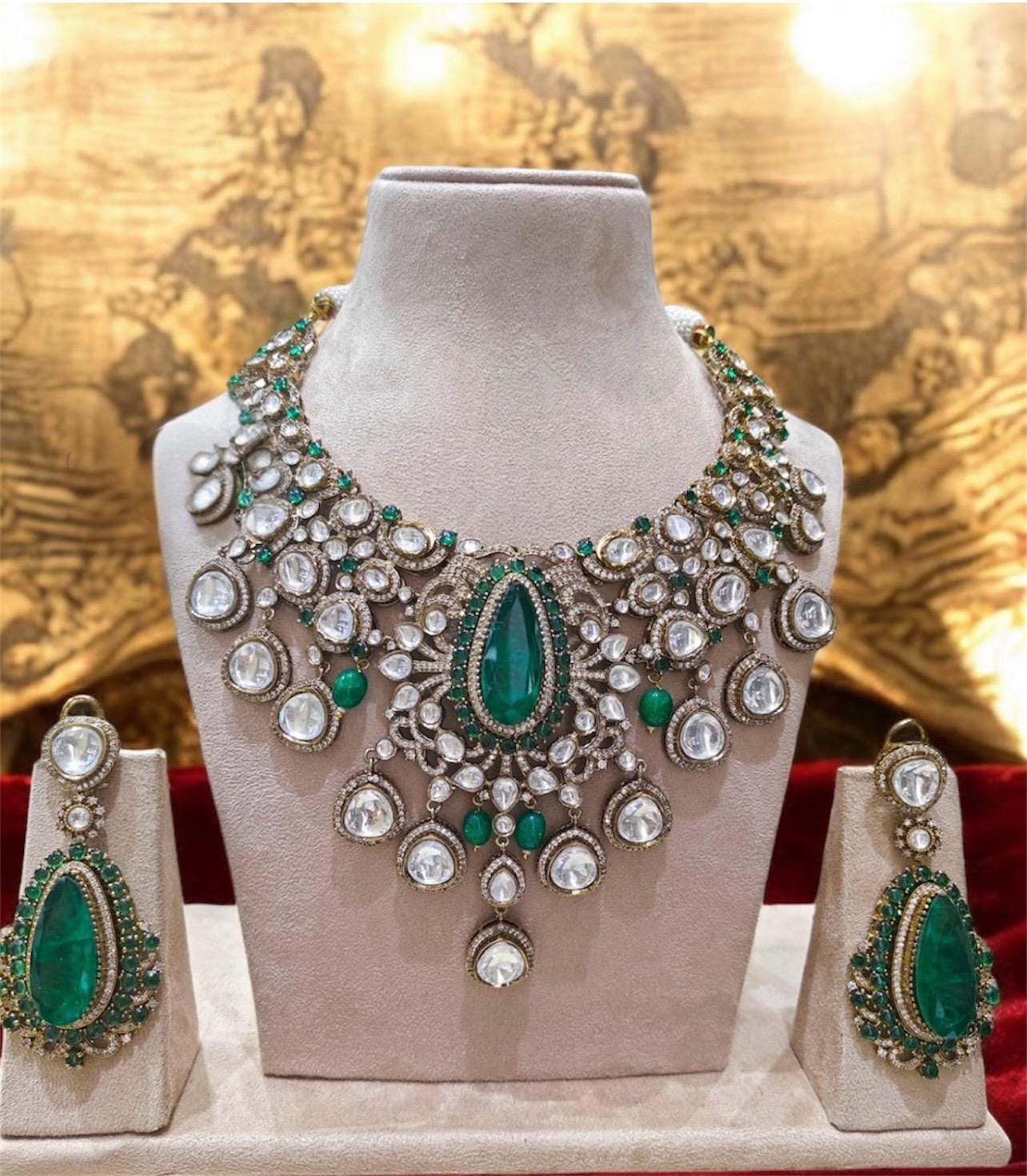 Designer Moissanite Polki Doublet Stone set with earrings,statement necklace,fusion necklace,Indian jewelry,bridal jewelry,wedding jewelry