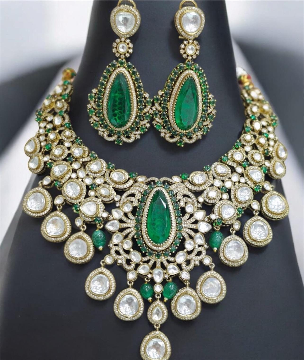 Designer Moissanite Polki Doublet Stone set with earrings,statement necklace,fusion necklace,Indian jewelry,bridal jewelry,wedding jewelry