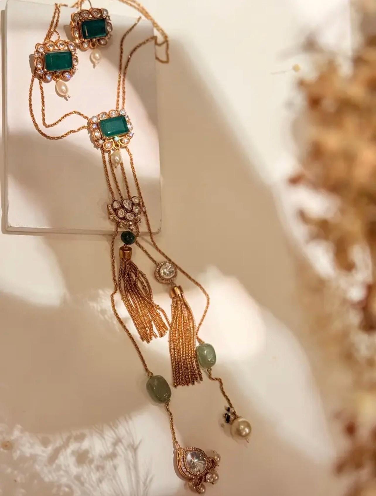 Elegant Gold Finish gemstone embedded Long Chain Pendant Necklace With Earrings/Sabysachi Indian Pakistani Punjabi Bridal Statement Set