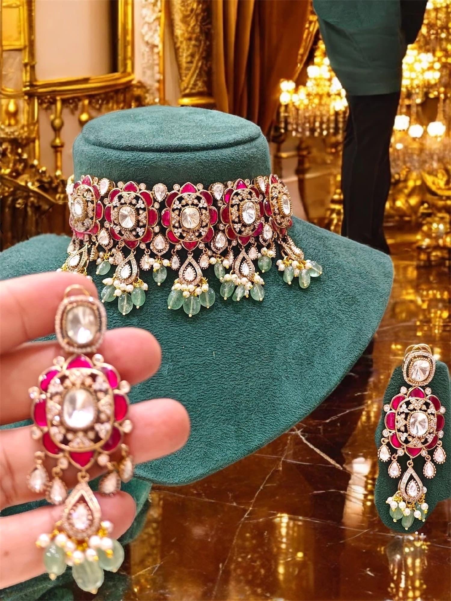 Sabyasachi inspired polki mossanite choker necklace with strawberry semi precious beads with earrings/statement Indian Pakistani necklace