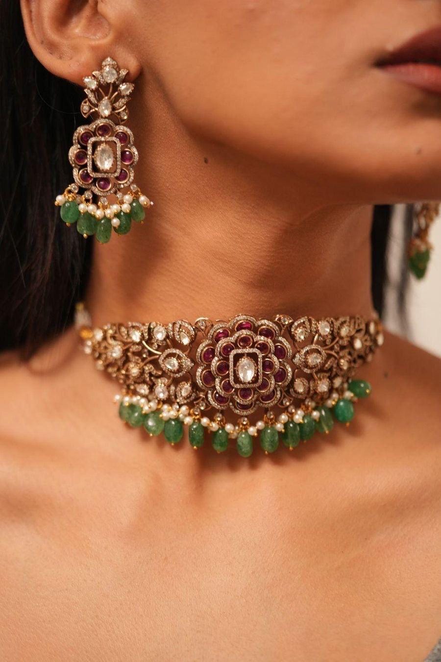Sabyasachi inspired polki mossanite choker necklace with ruby pink and green semi precious beads with earrings/statement necklace/Indian set
