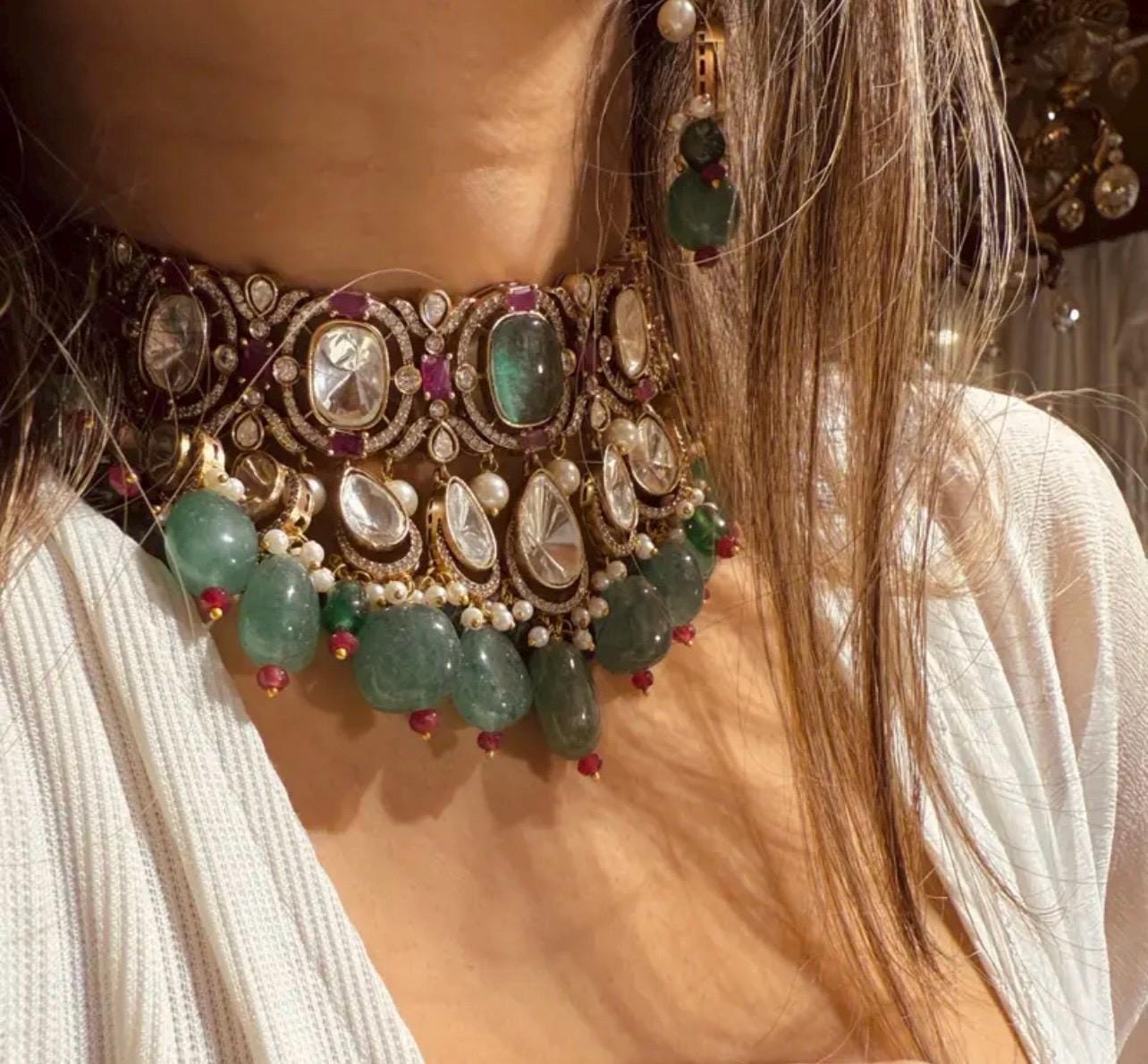 Sabyasachi inspired polki mossanite choker necklace with ruby pink semi precious beads with earrings/statement necklace/Indian Pakistani set