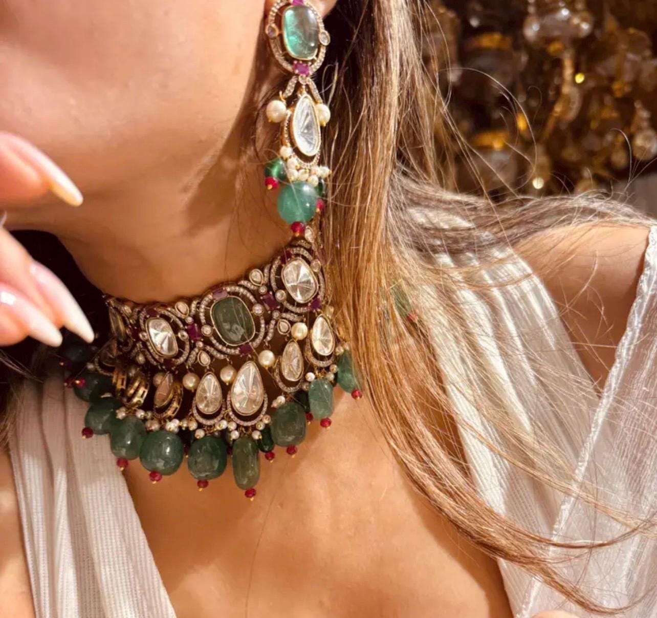 Sabyasachi inspired polki mossanite choker necklace with ruby pink semi precious beads with earrings/statement necklace/Indian Pakistani set