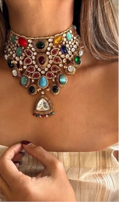 Navratan Sabyasachi Inspired Moissanite Polki Kundan Wedding Set,Choker set,bridal set,Statement necklace,Indian jewelry,Pakistani jewelry