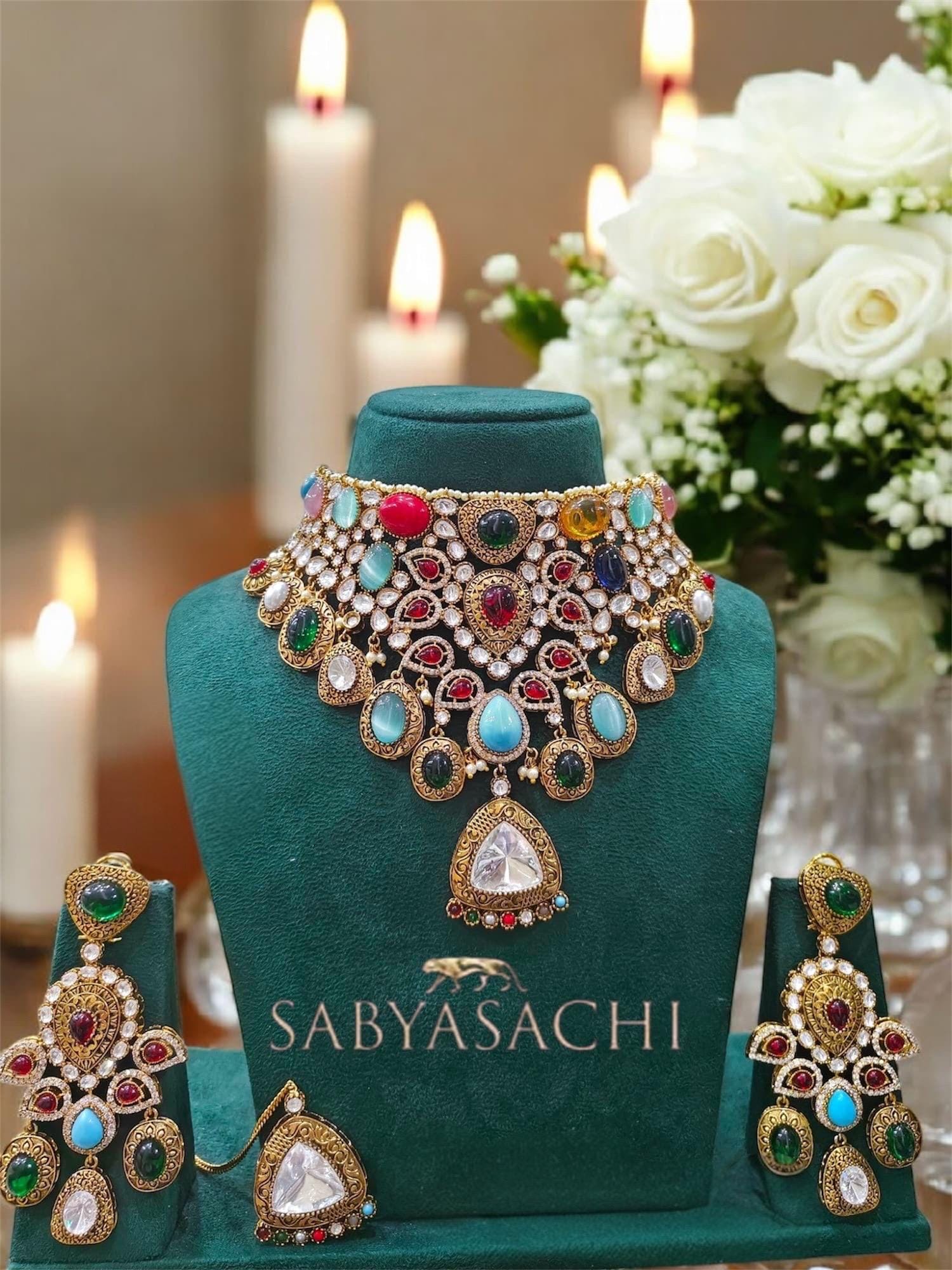 Navratan Sabyasachi Inspired Moissanite Polki Kundan Wedding Set,Choker set,bridal set,Statement necklace,Indian jewelry,Pakistani jewelry
