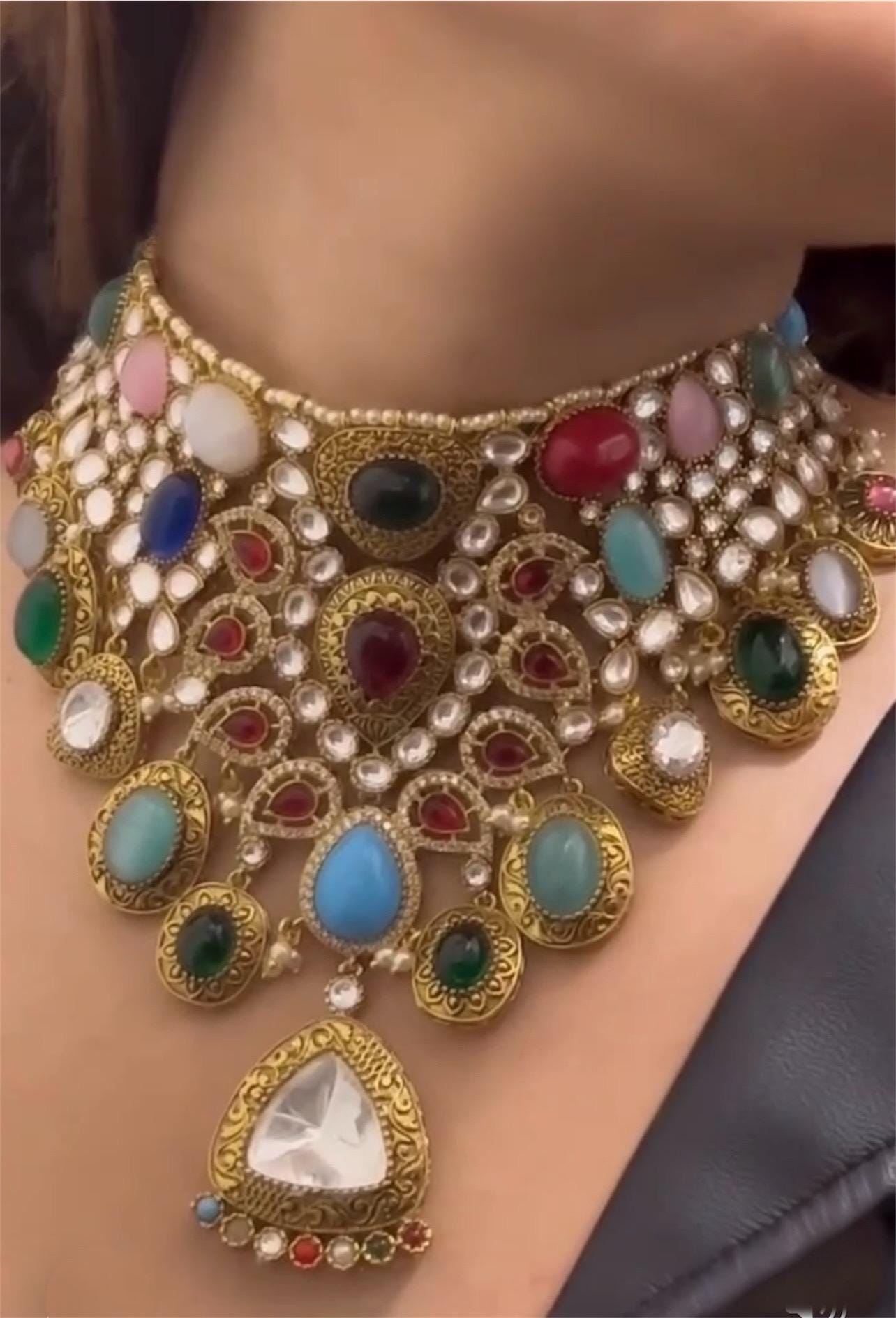 Navratan Sabyasachi Inspired Moissanite Polki Kundan Wedding Set,Choker set,bridal set,Statement necklace,Indian jewelry,Pakistani jewelry