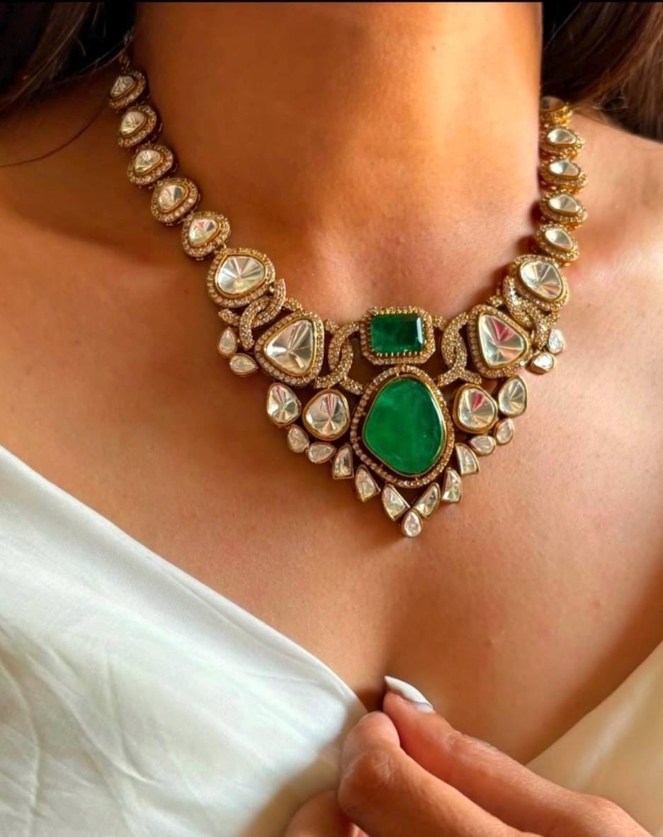 Fine Gold Finish Doublet Stones Uncut Moissanite Kundan Wedding Jewelry Necklace Set with Earrings,Sabyasachi Jewelry,Statement necklace