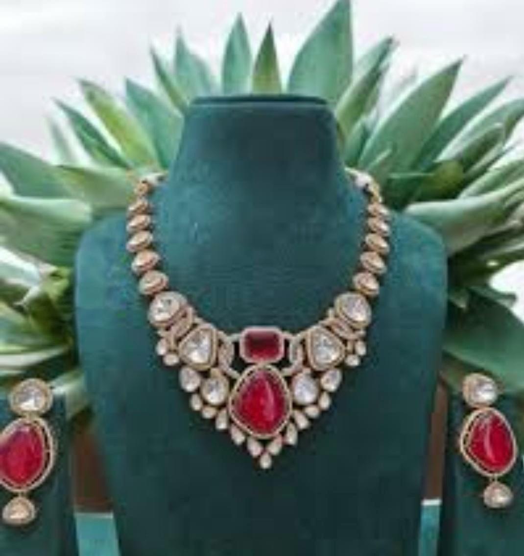 Fine Gold Finish Doublet Stones Uncut Moissanite Kundan Wedding Jewelry Necklace Set with Earrings,Sabyasachi Jewelry,Statement necklace