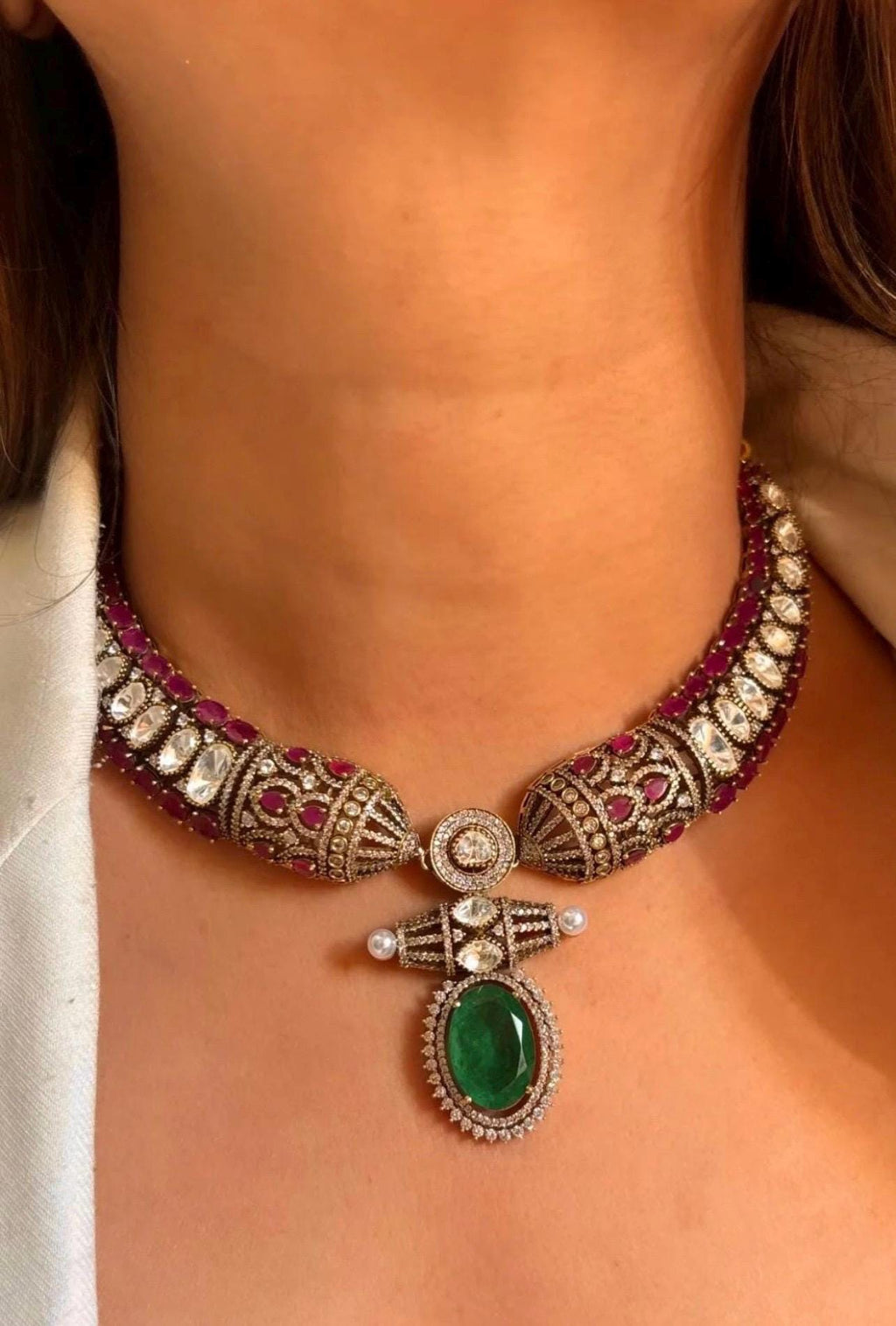 Designer Moissanite Polki Doublet Stone set with earrings,statement necklace,fusion necklace,Indian jewelry,bridal jewelry,wedding jewelry