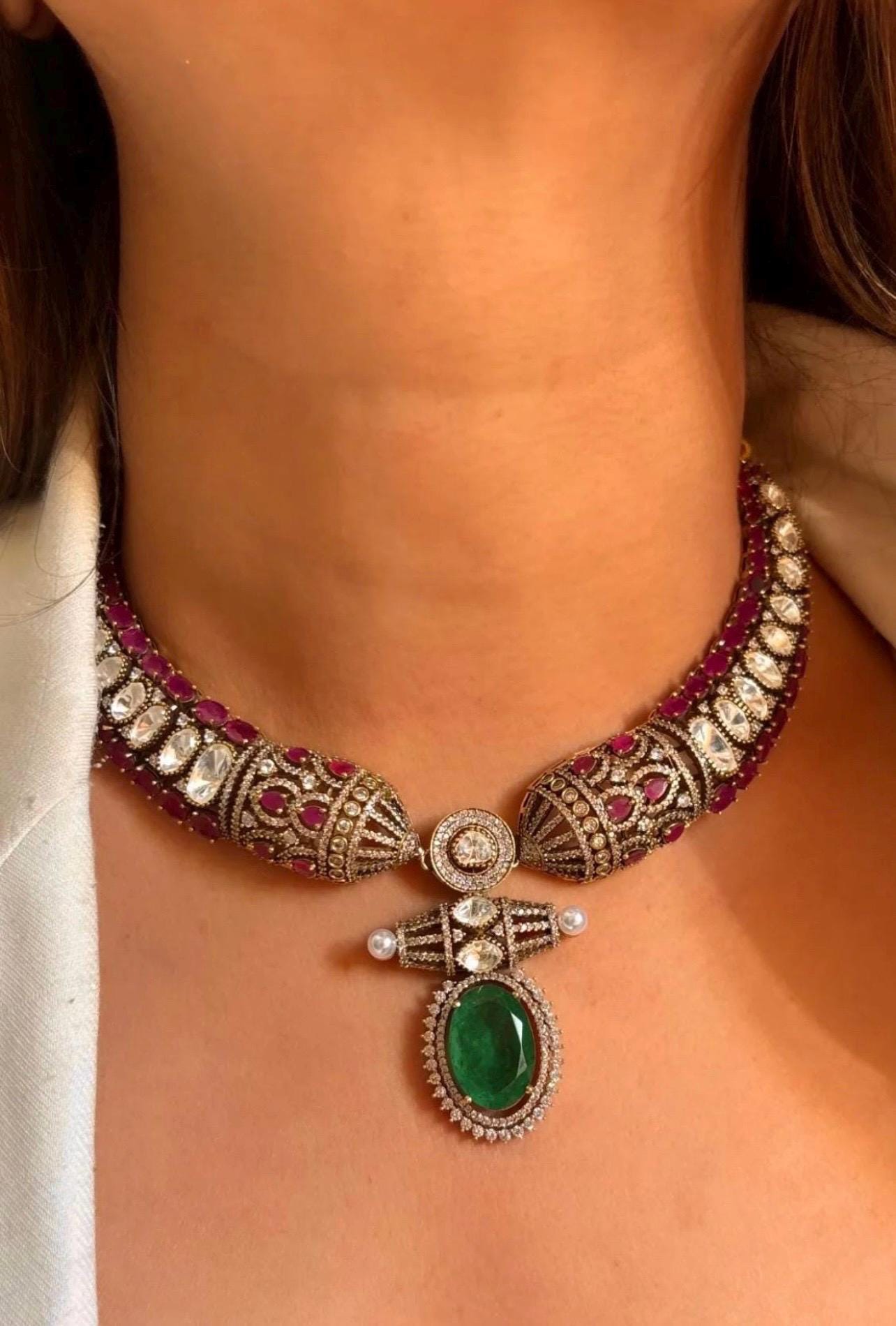 Designer Moissanite Polki Doublet Stone set with earrings,statement necklace,fusion necklace,Indian jewelry,bridal jewelry,wedding jewelry