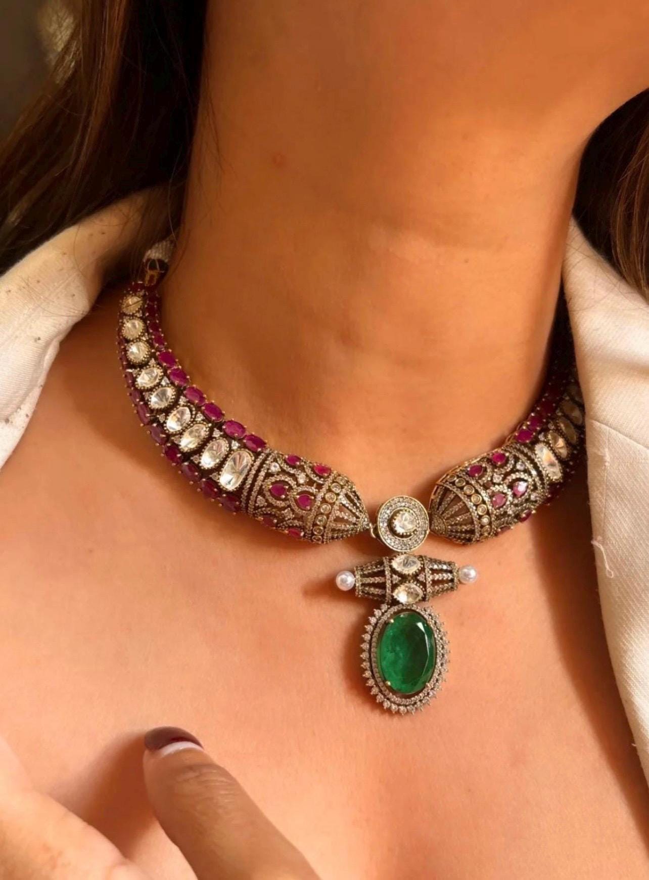 Designer Moissanite Polki Doublet Stone set with earrings,statement necklace,fusion necklace,Indian jewelry,bridal jewelry,wedding jewelry