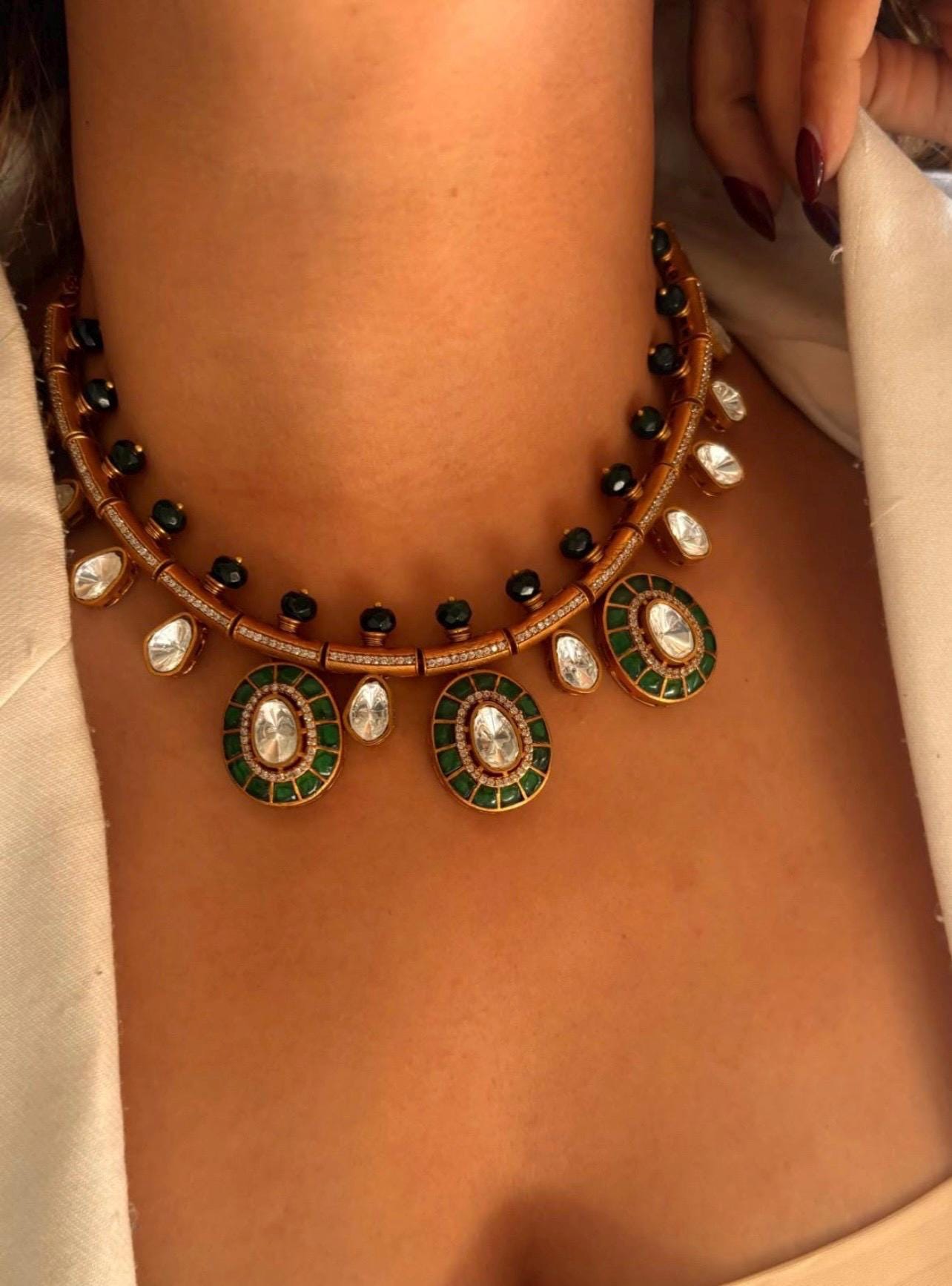 Emerald Polki Green Kundan Hasli Choker Necklace Sabyasachi Jewelry Uncut Polki Diamond Necklace Indian Moissanite Pendant Uncut Kundan Set