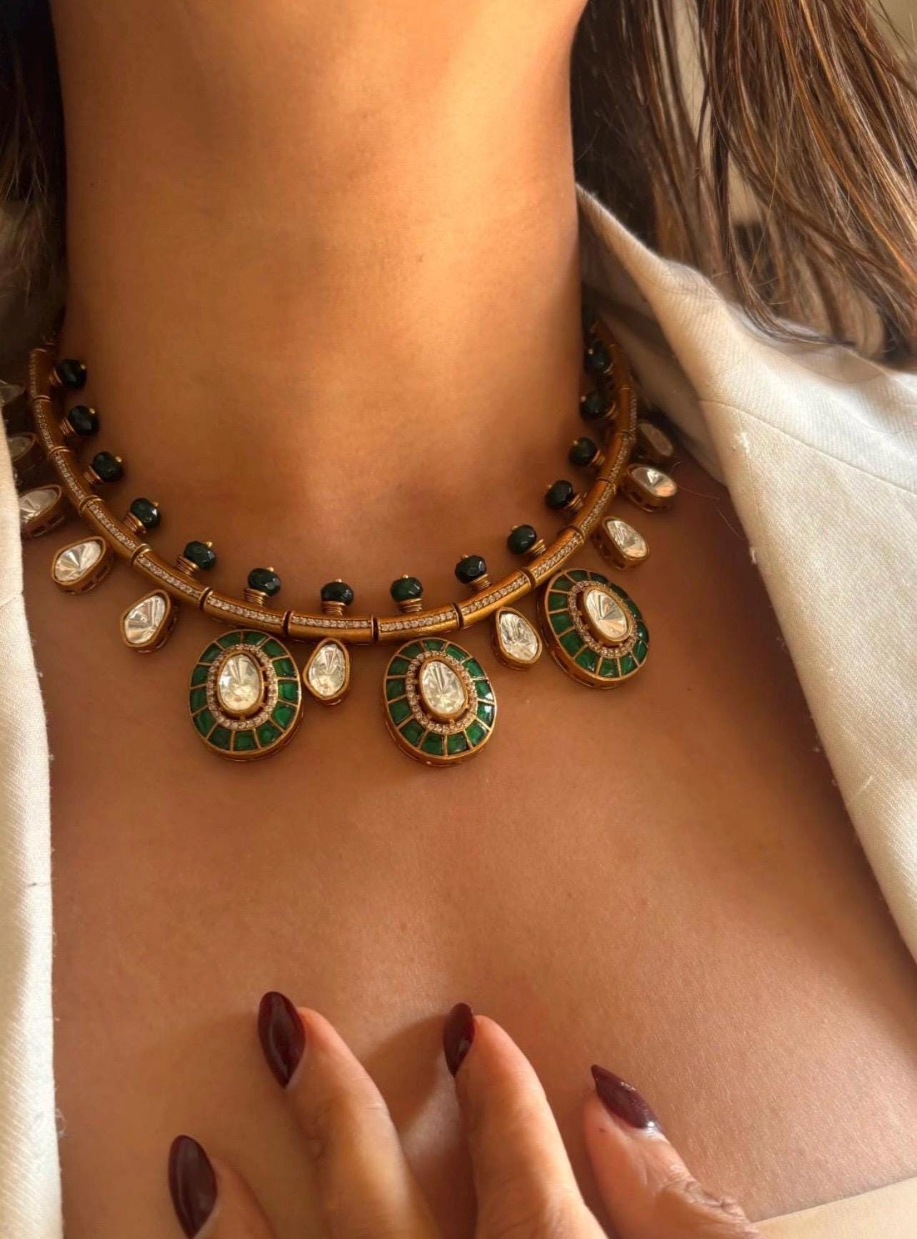Emerald Polki Green Kundan Hasli Choker Necklace Sabyasachi Jewelry Uncut Polki Diamond Necklace Indian Moissanite Pendant Uncut Kundan Set