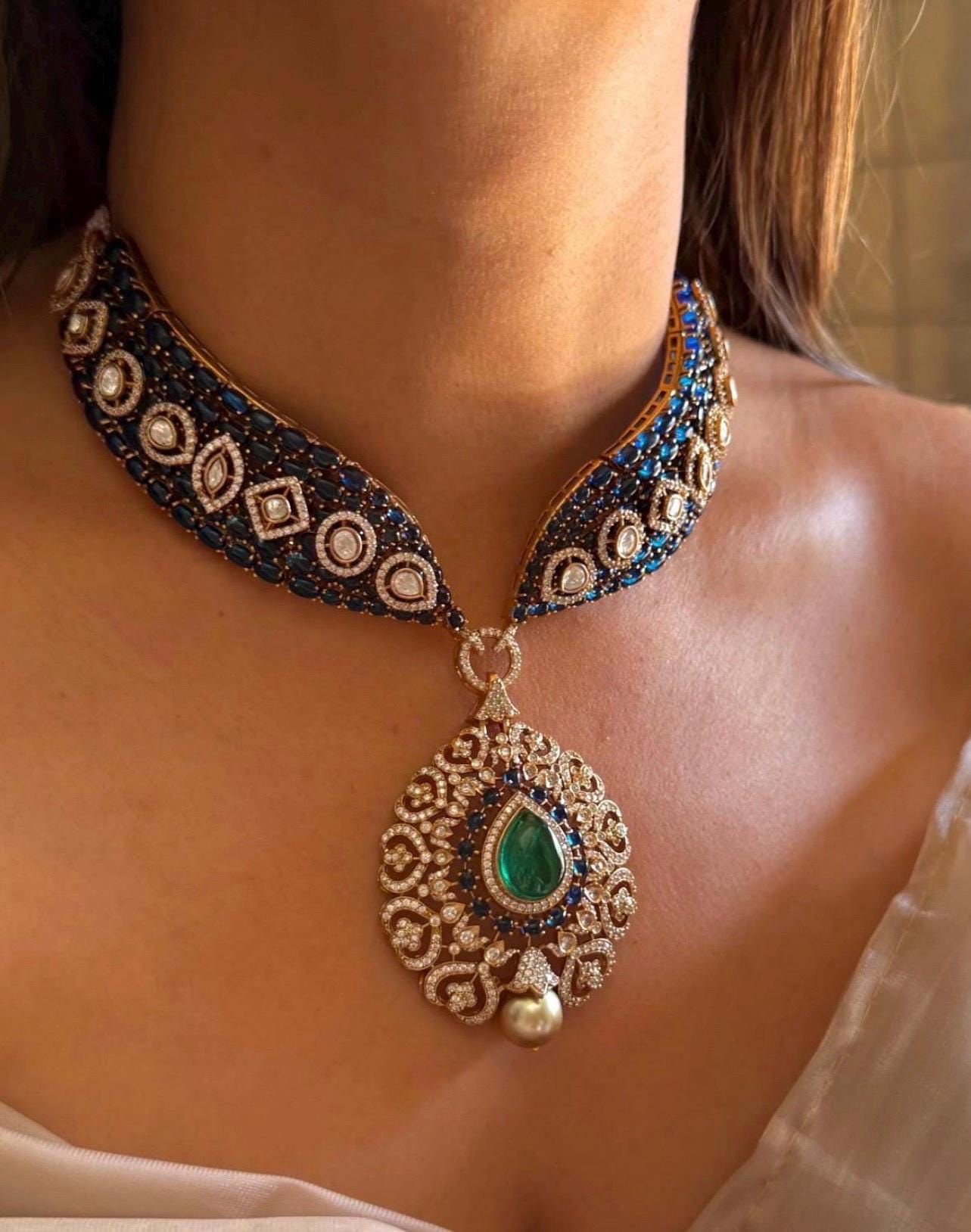 Kundan Necklace Sabyasachi Victorian Polki Diamond Necklace Heavy India Bridal Choker Blue Stone Indian Polki Necklace Pakistani Choker