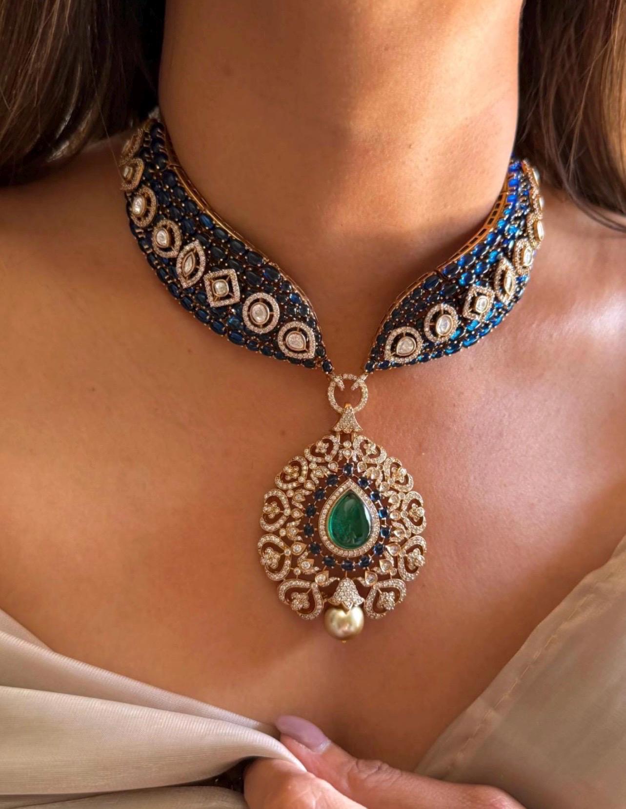 Kundan Necklace Sabyasachi Victorian Polki Diamond Necklace Heavy India Bridal Choker Blue Stone Indian Polki Necklace Pakistani Choker