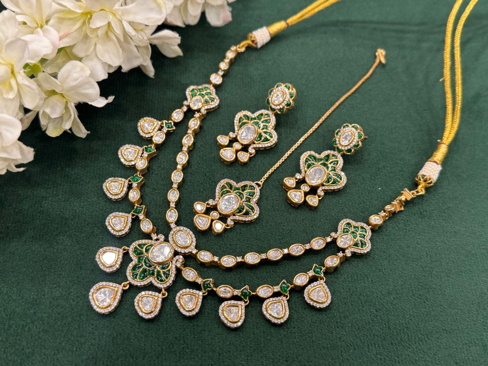 Gold plated mossanite polki 2 layer necklace set with earrings and tikka/ polki layer set