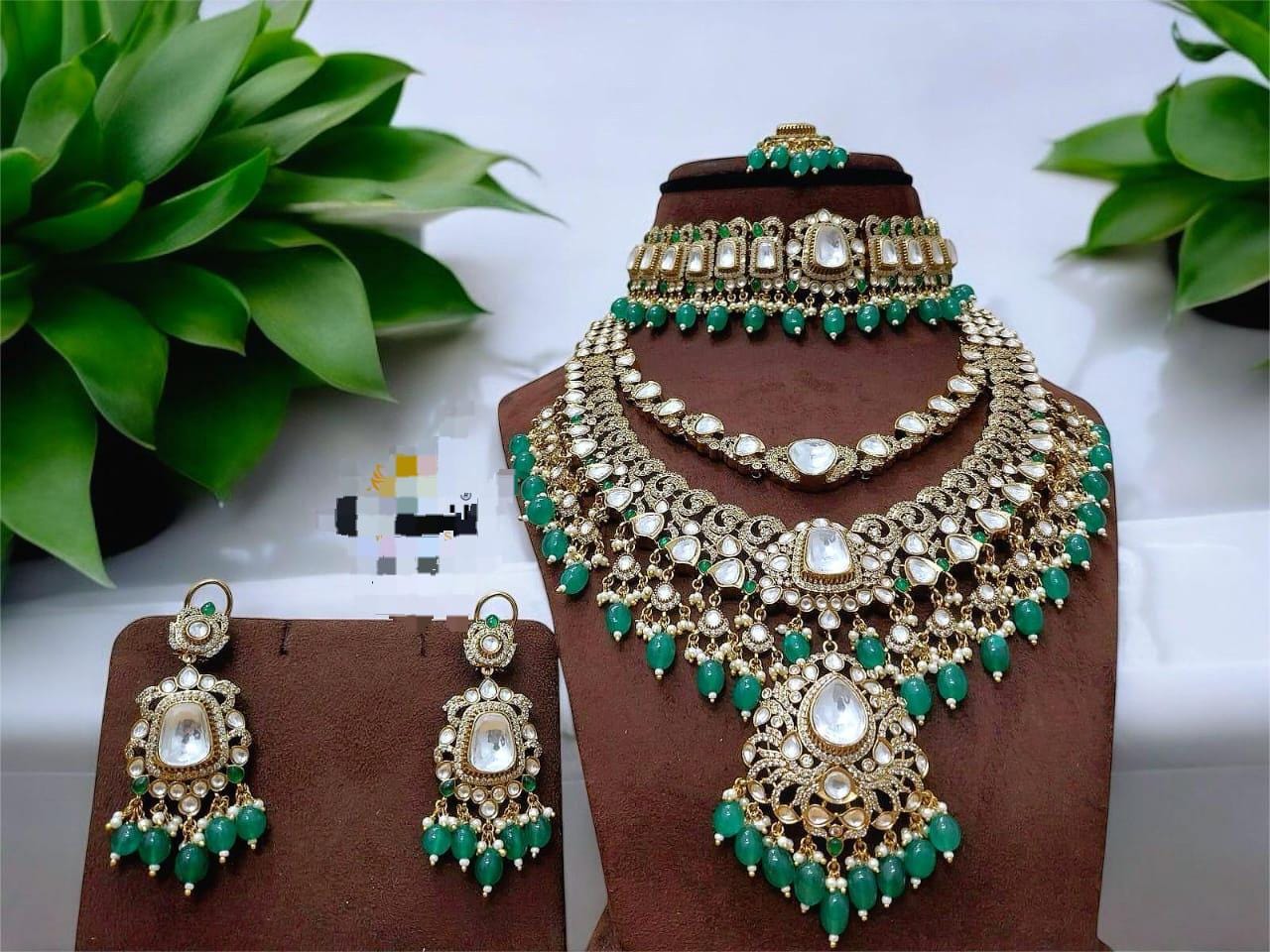 Original mossanite polki long and short combo bridal necklace set with earrings and tikka / 2 layer necklace set