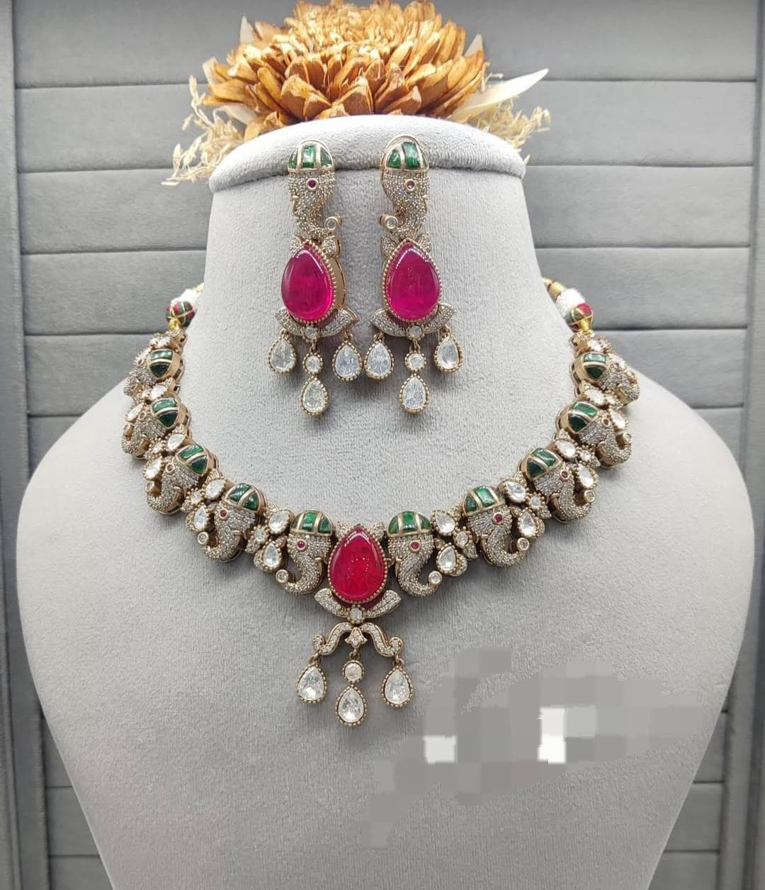 Mossanite polki Victorian statement necklace set with earrings/ elephant necklace set