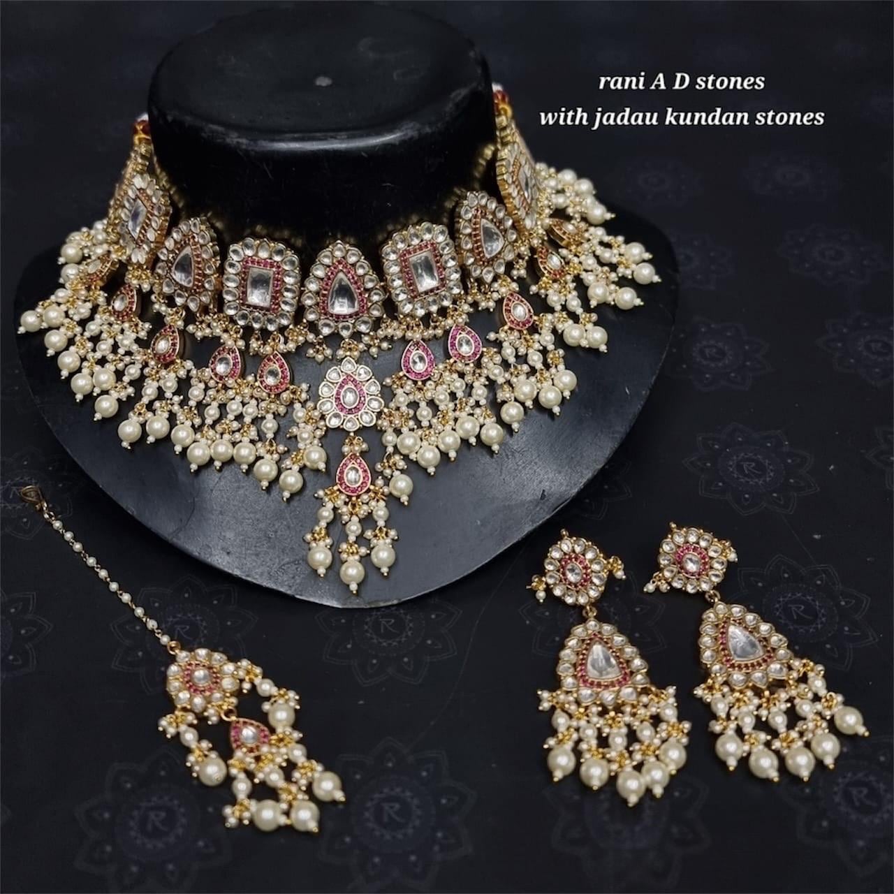 Jadau Kundan ruby pink Necklace Set with long earrings and tikka/Sabyasachi Inspired Jewelry/Bollywood Jewelry/Statement necklace