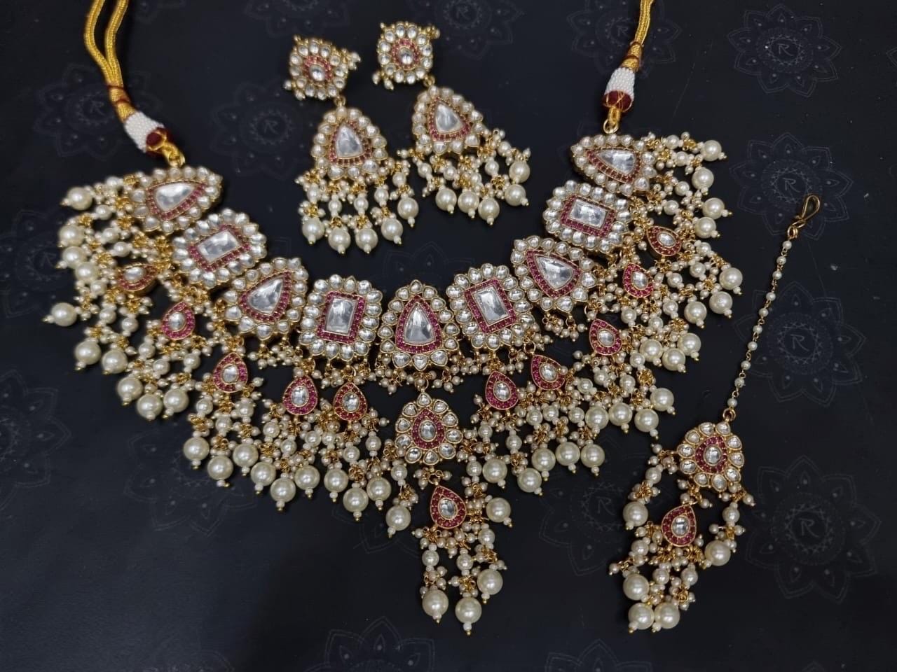 Jadau Kundan ruby pink Necklace Set with long earrings and tikka/Sabyasachi Inspired Jewelry/Bollywood Jewelry/Statement necklace