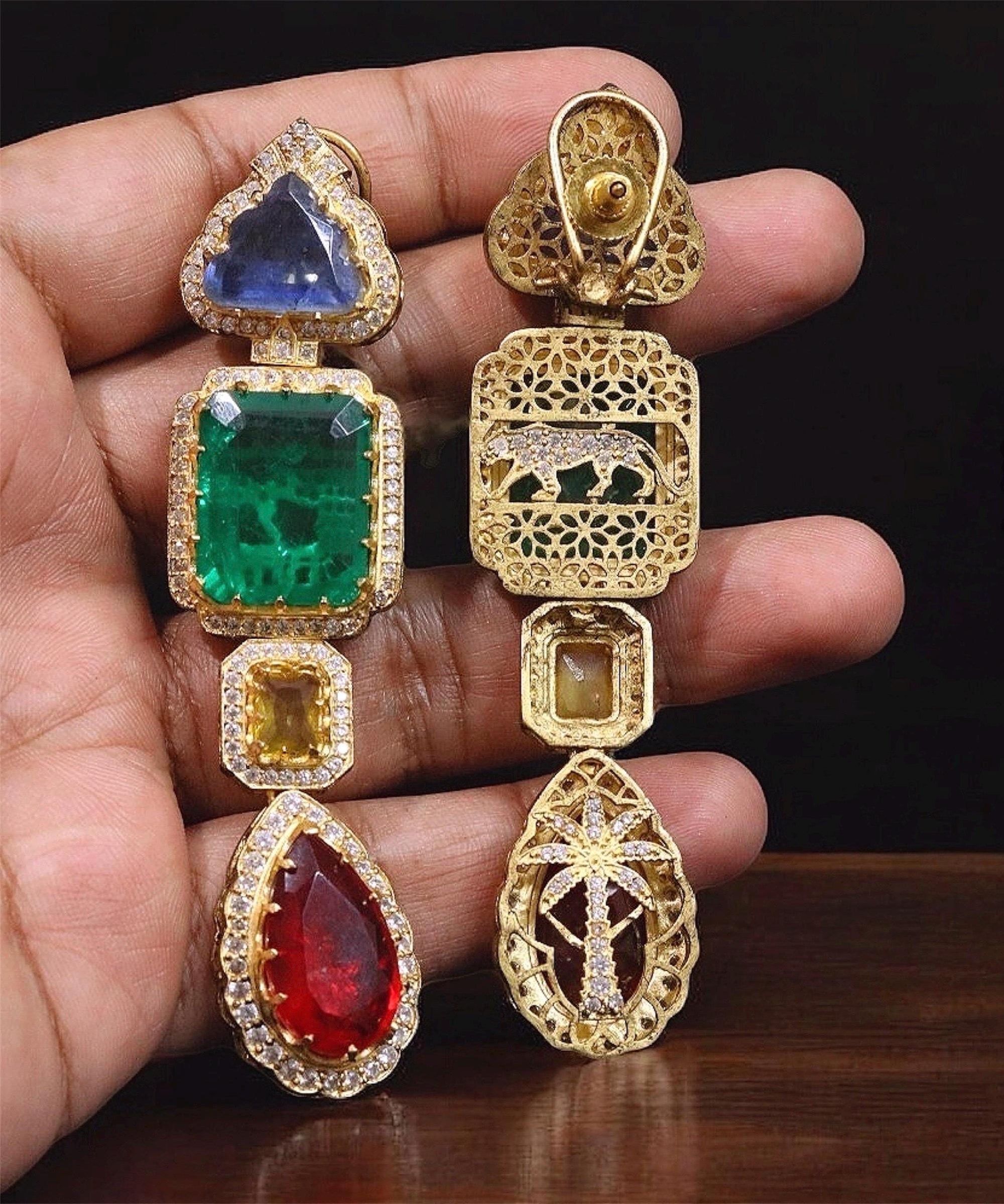 Sabyasachi Inspired Premium Fusion Victorian finish Uncut Doublet Stones AD studded Statement Earrings Long Wedding Bridal earrings OOAK