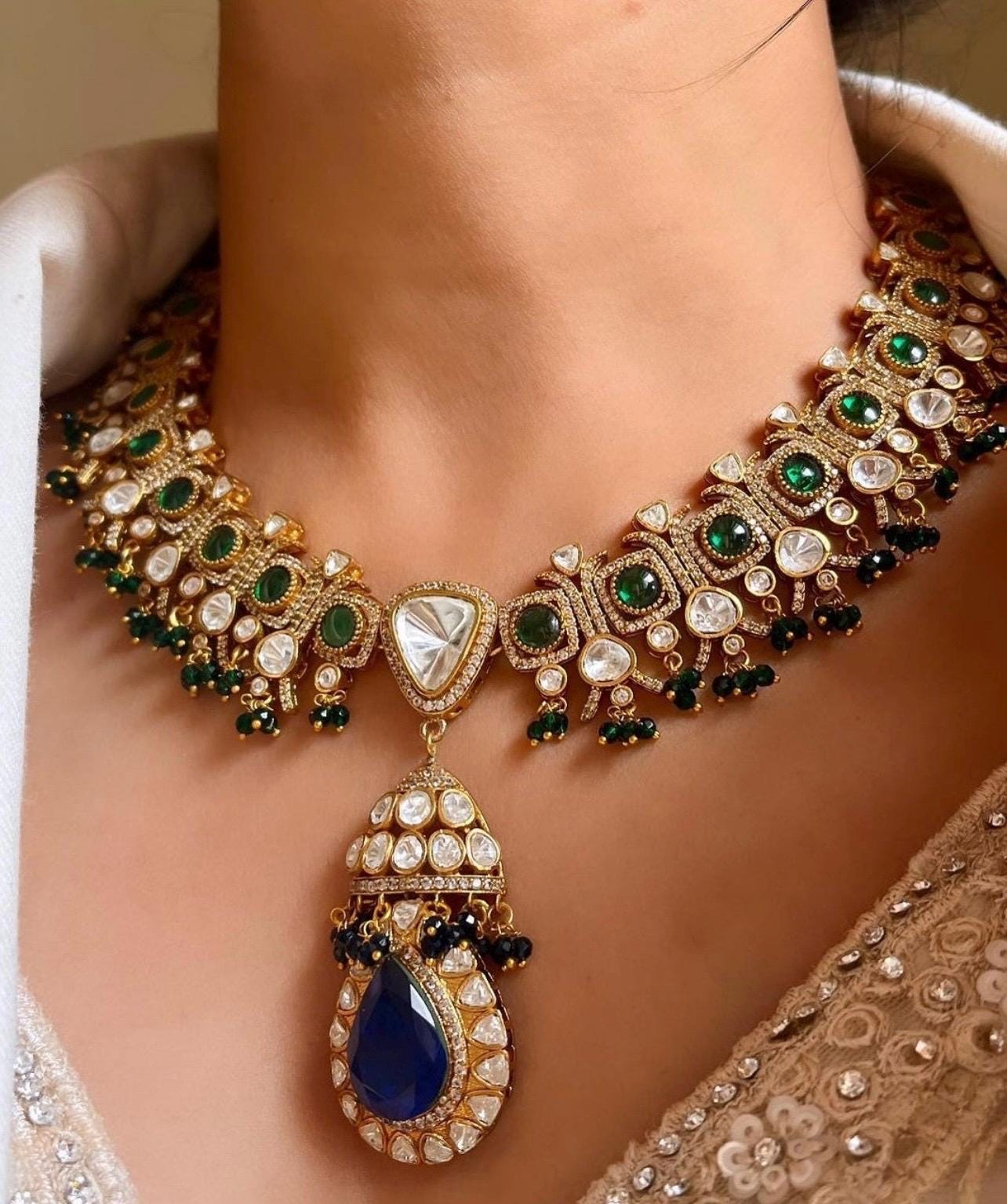 Emerald navratan set Sabyasachi Inspired Gold Plated Emerald green sapphire blue Kundan Polki Diamond Wedding Indian Pakistani Bridal set