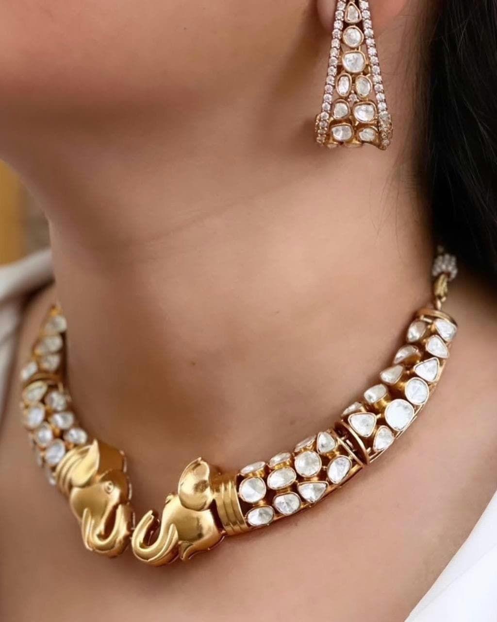 Sabyasachi inspired Gold Moissanite Hasli Elephant Necklace with Earrings/Statement Jewelry/Elegant Jewelry/Kundan set/Bollywood/celebrity
