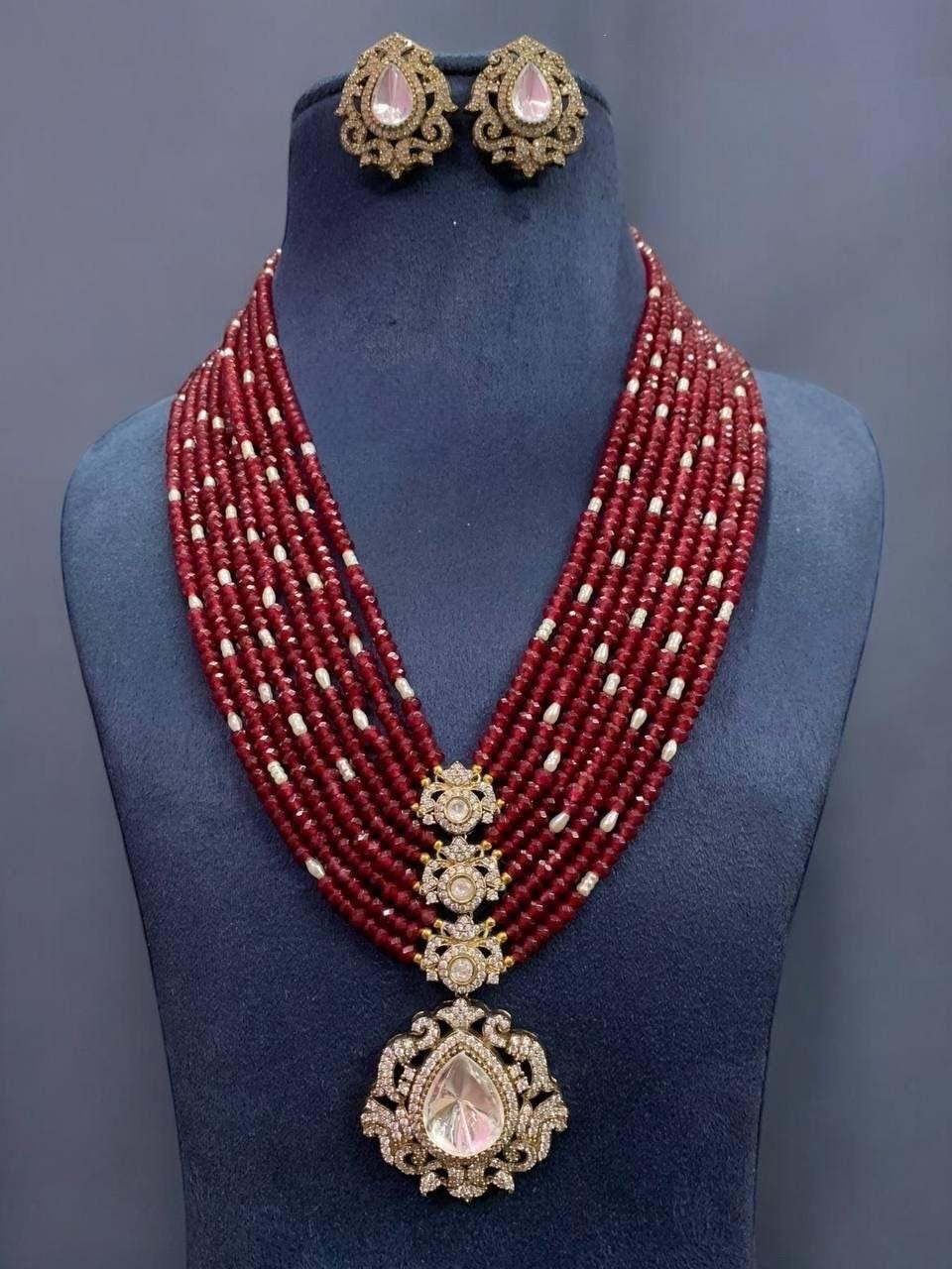 Moissanite stones and beads necklace with stud earrings/bollywood/statement necklace/wedding jewelry/Indian Pakistani jewelry/Royal jewelry