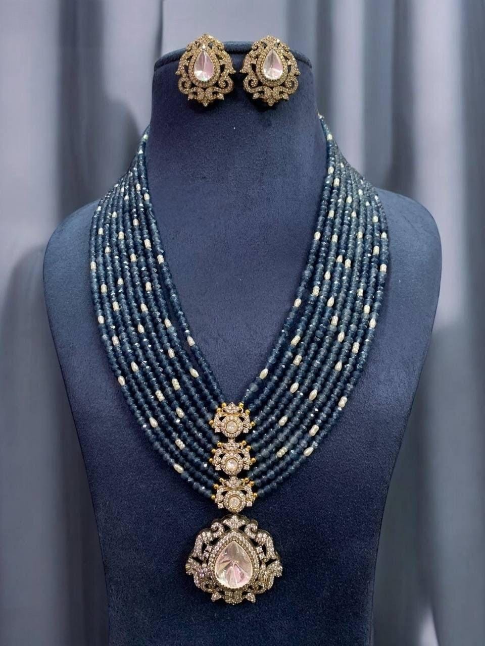 Moissanite stones and beads necklace with stud earrings/bollywood/statement necklace/wedding jewelry/Indian Pakistani jewelry/Royal jewelry
