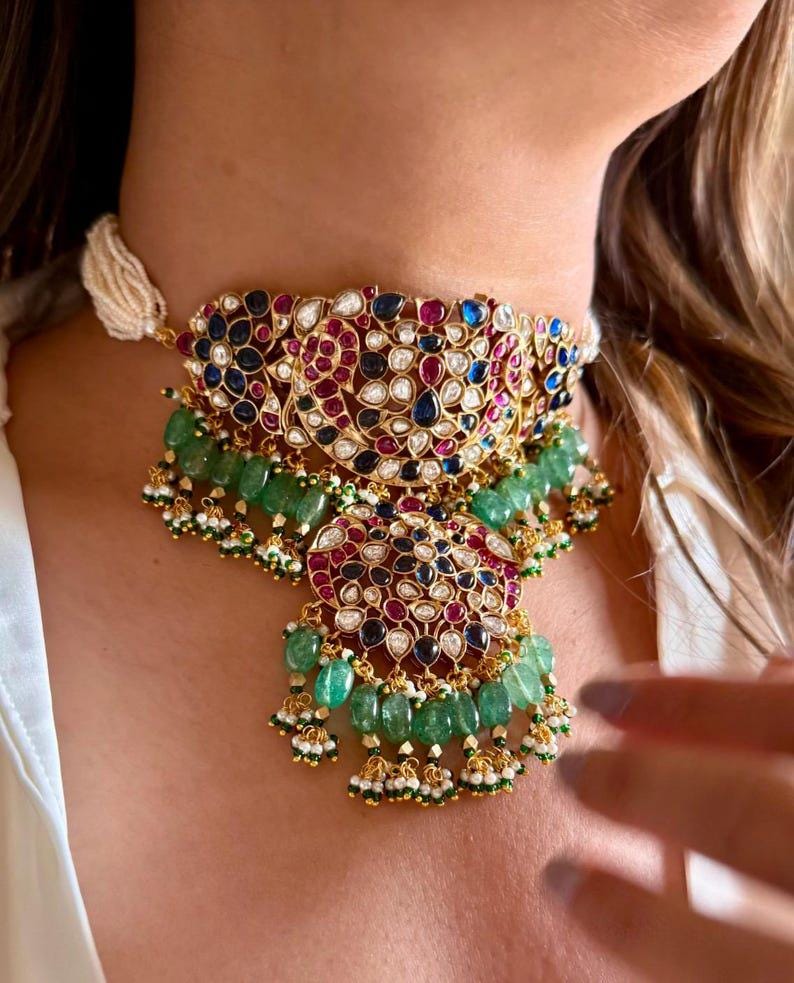 Amrapali Gold Jewly Inspired Emerald Green Blue Ruby Pink Uncut Moissanite Polki Kundan Jadau Navratan Necklace