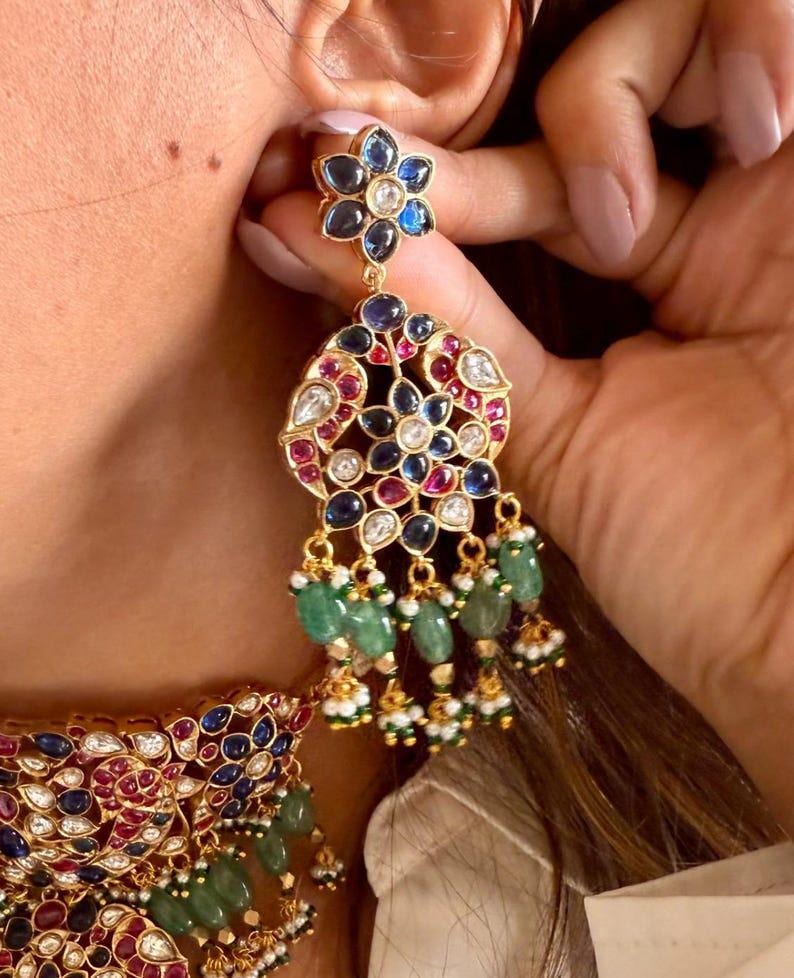 Amrapali Gold Jewly Inspired Emerald Green Blue Ruby Pink Uncut Moissanite Polki Kundan Jadau Navratan Necklace