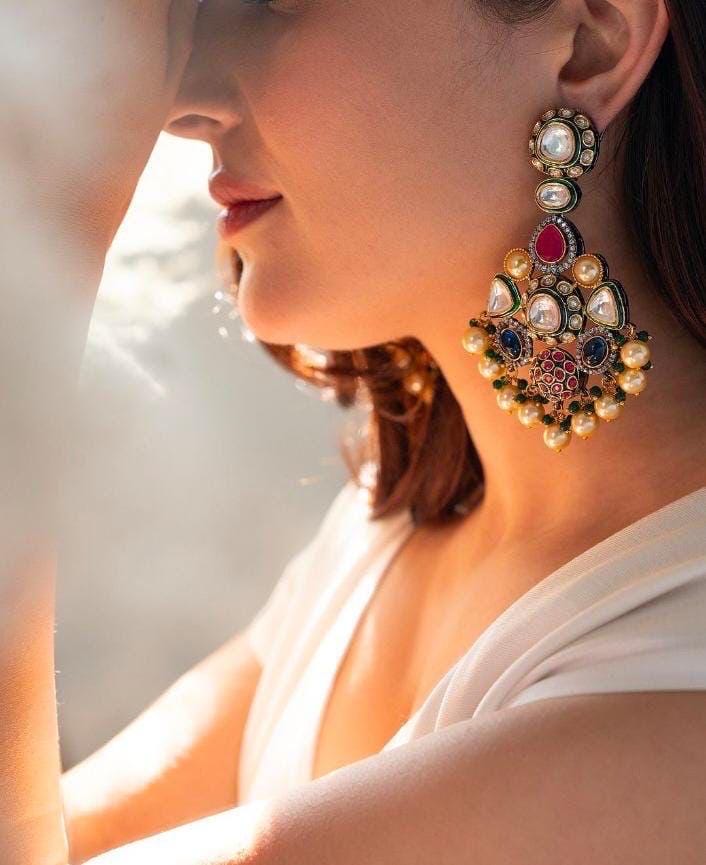 Sabyasachi Inspired Premium Fusion Victorian finish Uncut Polki Kundan Ruby Emerald Sapphire Pearl Statement Chaandbali Earrings/OOAK